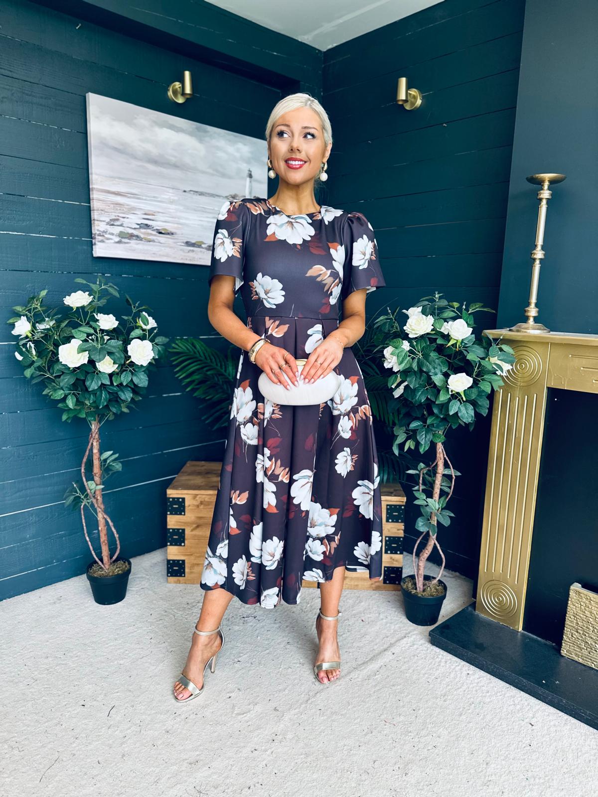 Elowin Statement Sleeve Skater Midi Dress Floral Coco