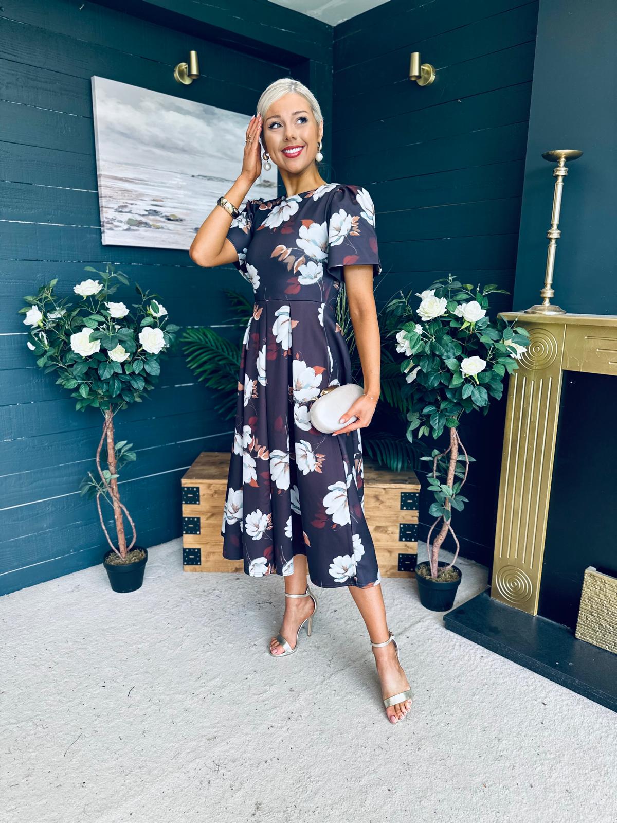 Elowin Statement Sleeve Skater Midi Dress Floral Coco