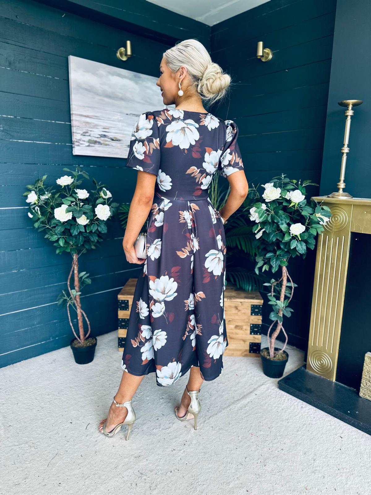 Elowin Statement Sleeve Skater Midi Dress Floral Coco