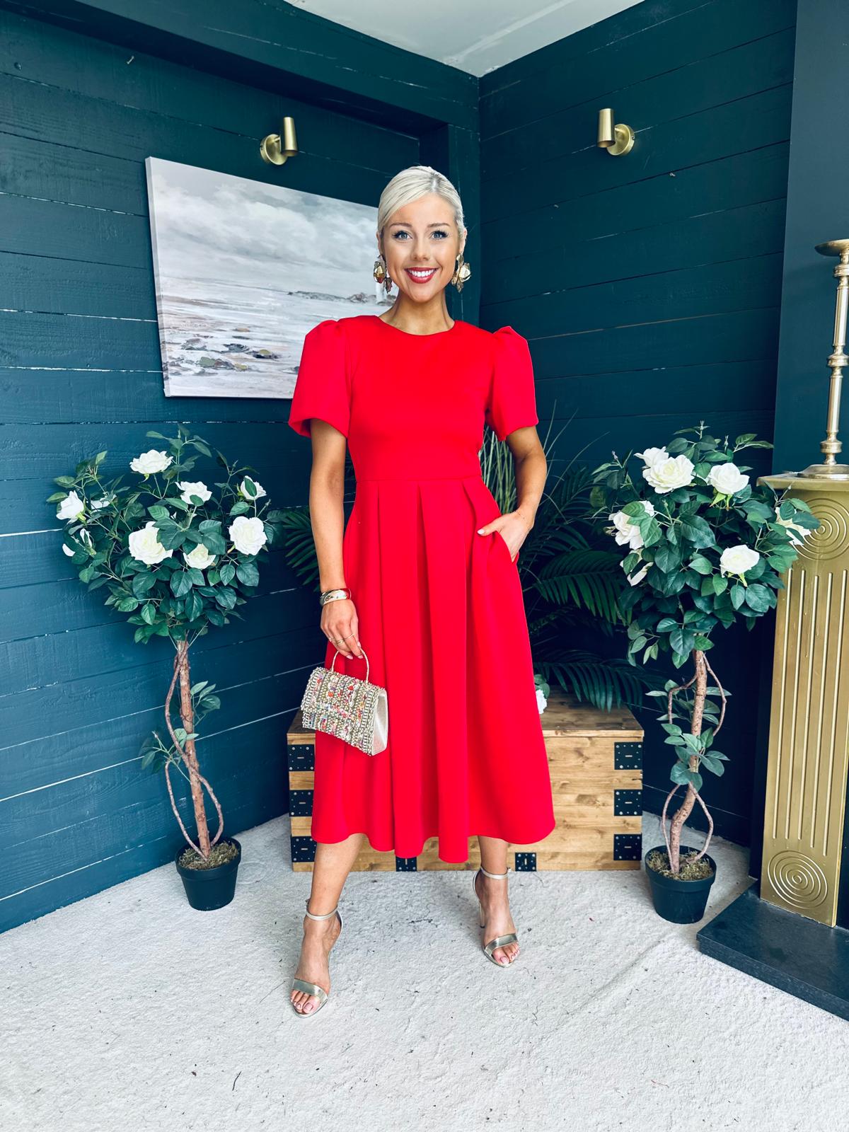 Elowin Statement Sleeve Skater Midi Dress Red