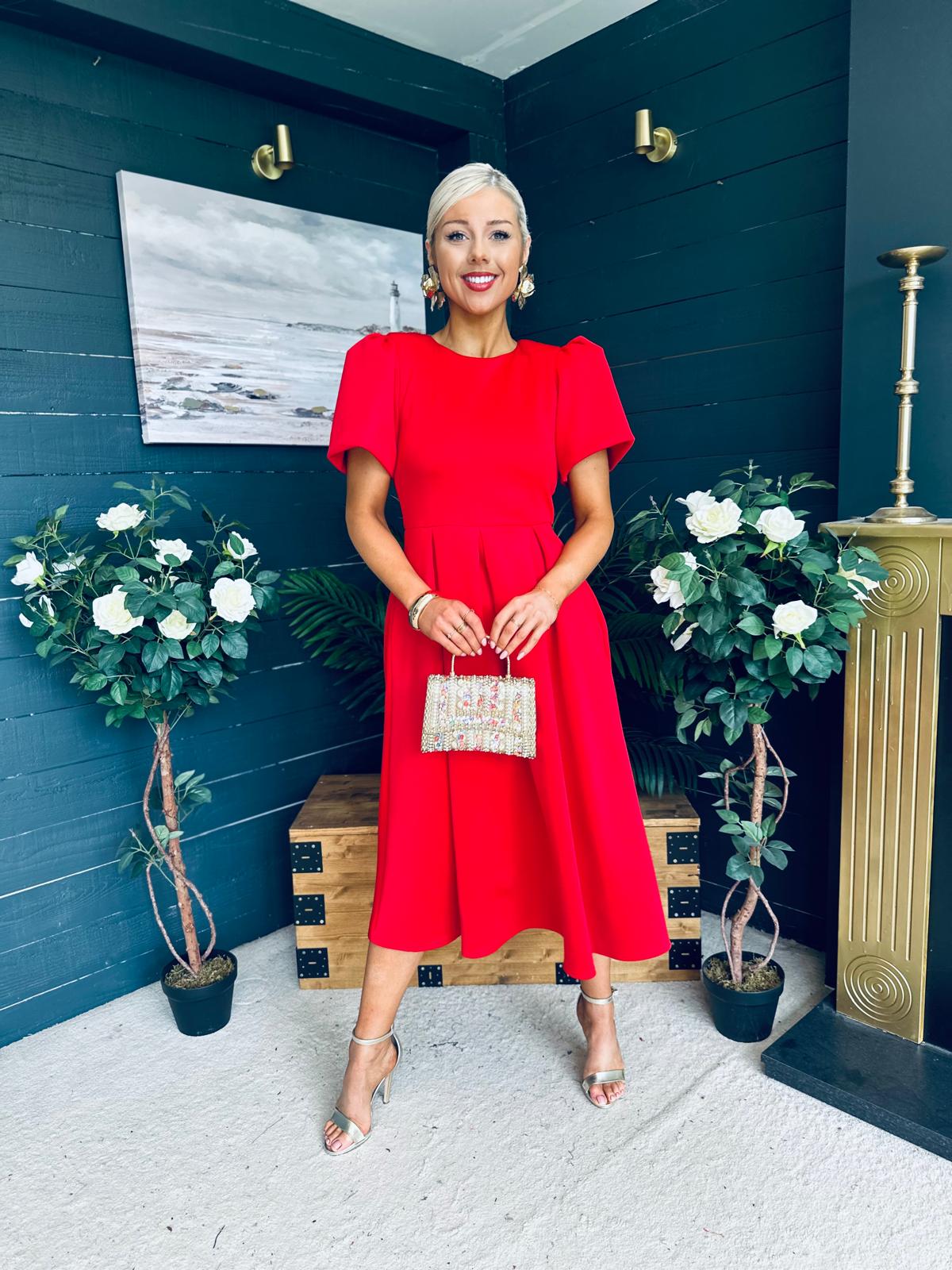 Elowin Statement Sleeve Skater Midi Dress Red