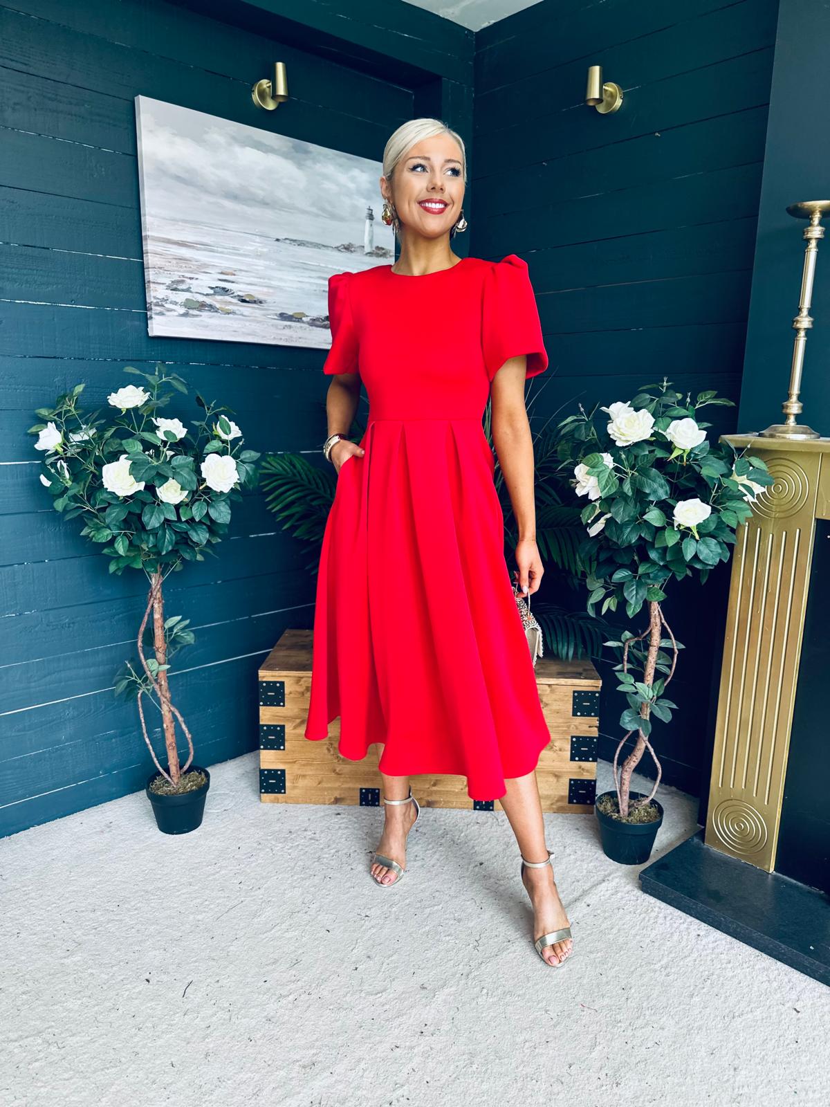 Elowin Statement Sleeve Skater Midi Dress Red