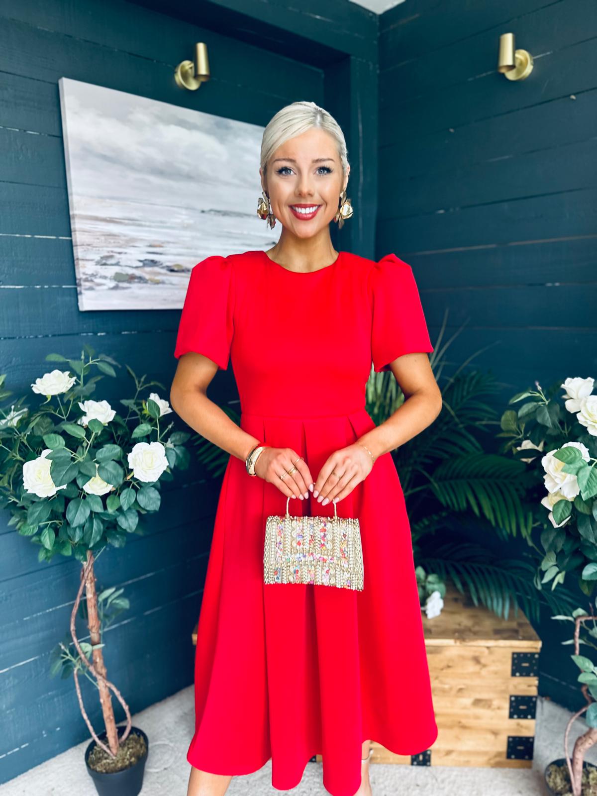 Elowin Statement Sleeve Skater Midi Dress Red