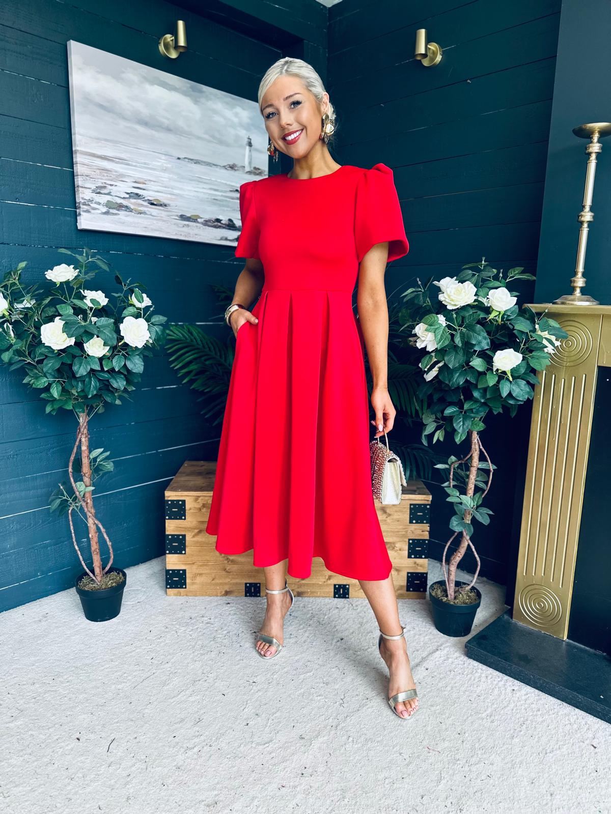 Elowin Statement Sleeve Skater Midi Dress Red
