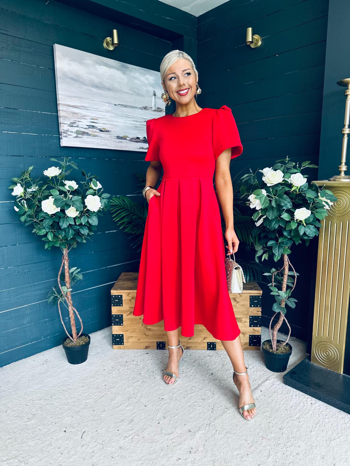 Elowin Statement Sleeve Skater Midi Dress Red