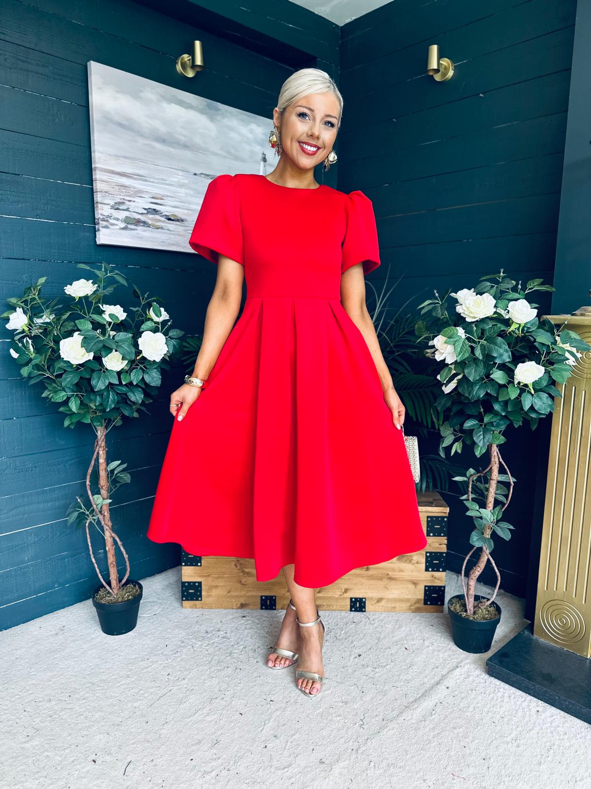 Elowin Statement Sleeve Skater Midi Dress Red