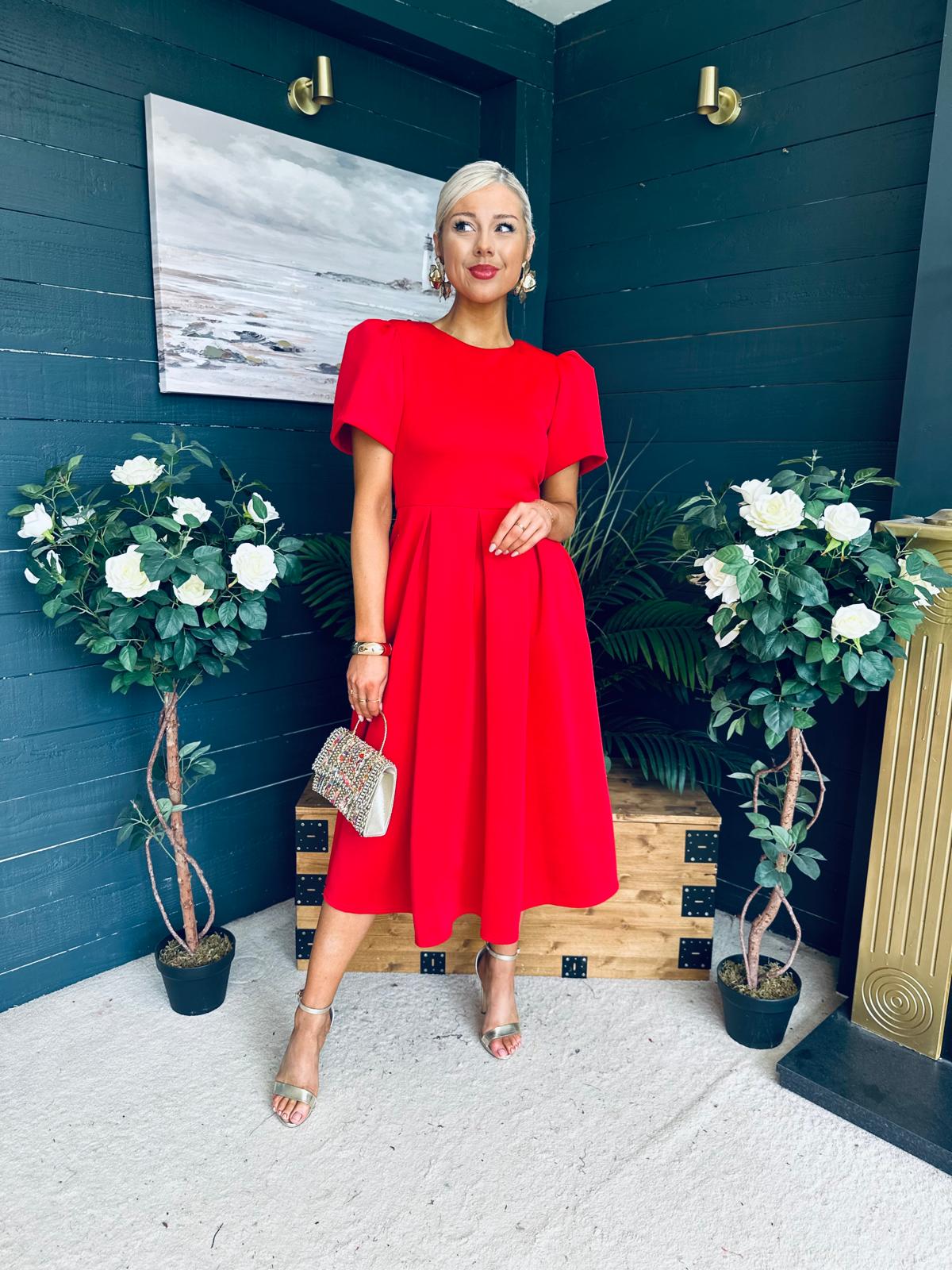Elowin Statement Sleeve Skater Midi Dress Red