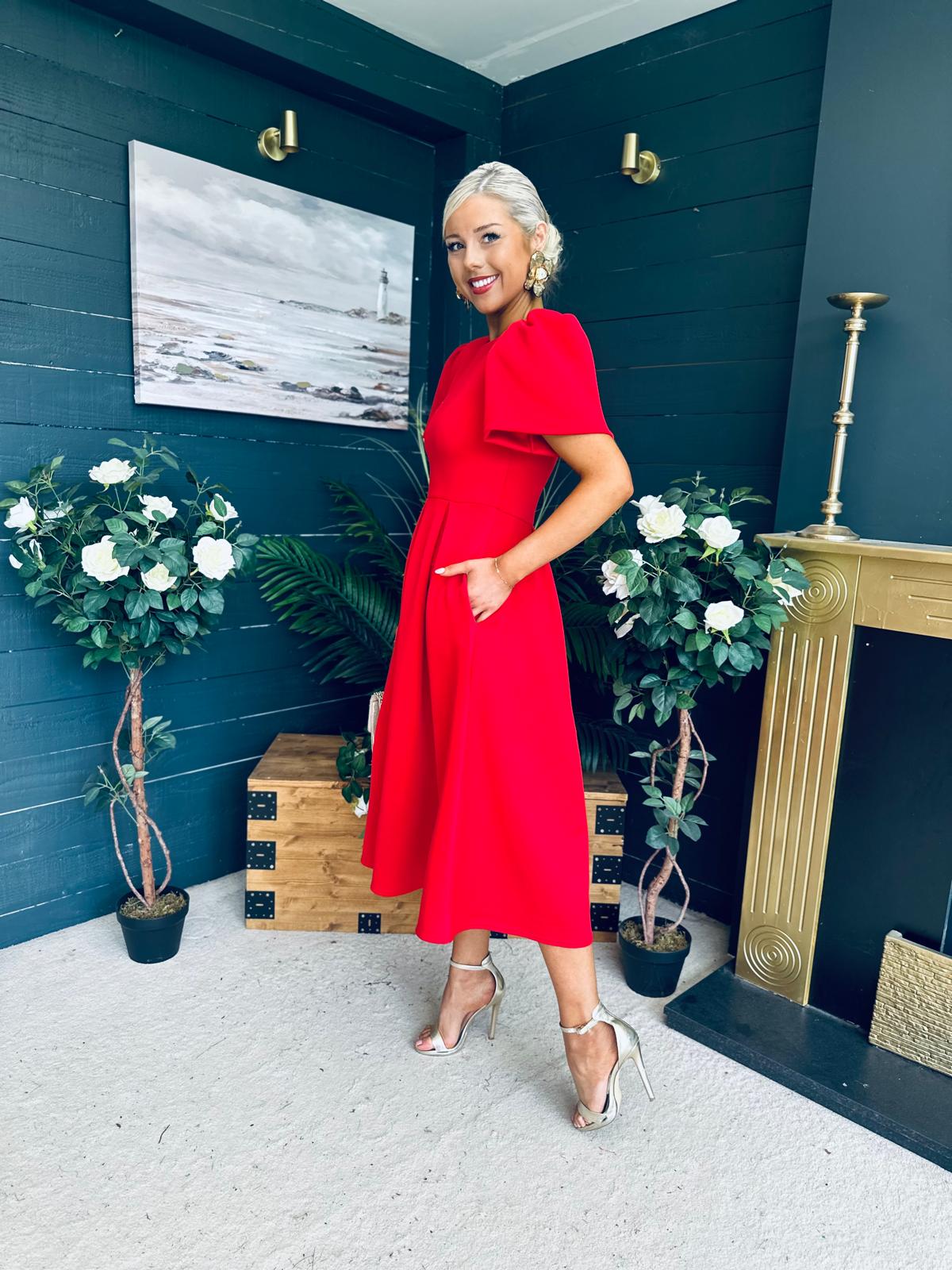 Elowin Statement Sleeve Skater Midi Dress Red