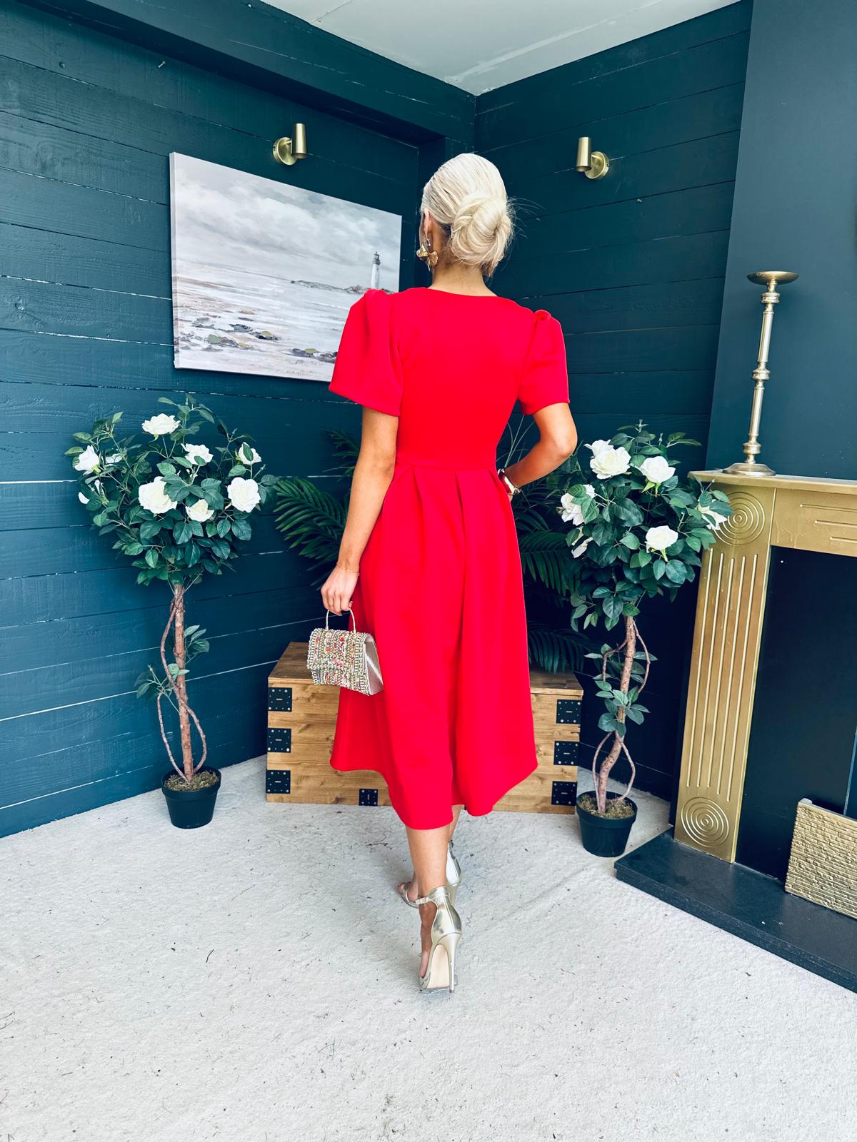 Elowin Statement Sleeve Skater Midi Dress Red
