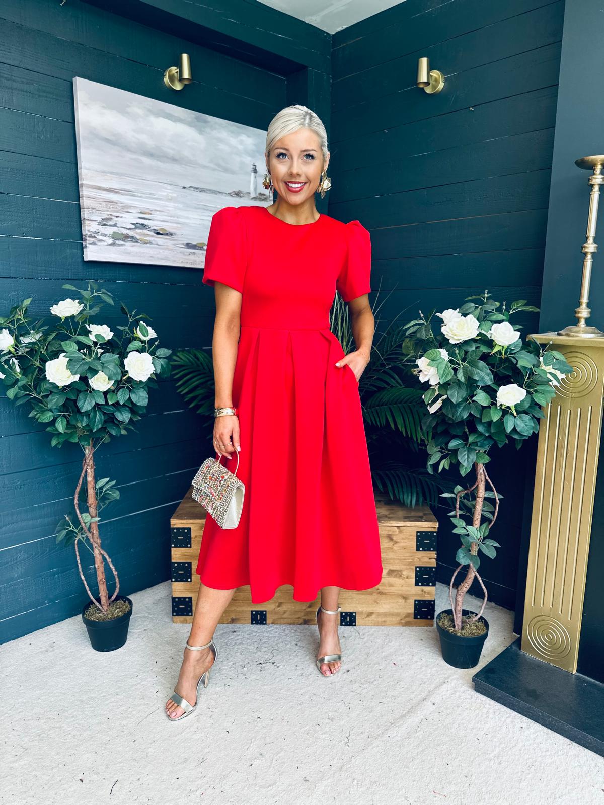 Elowin Statement Sleeve Skater Midi Dress Red
