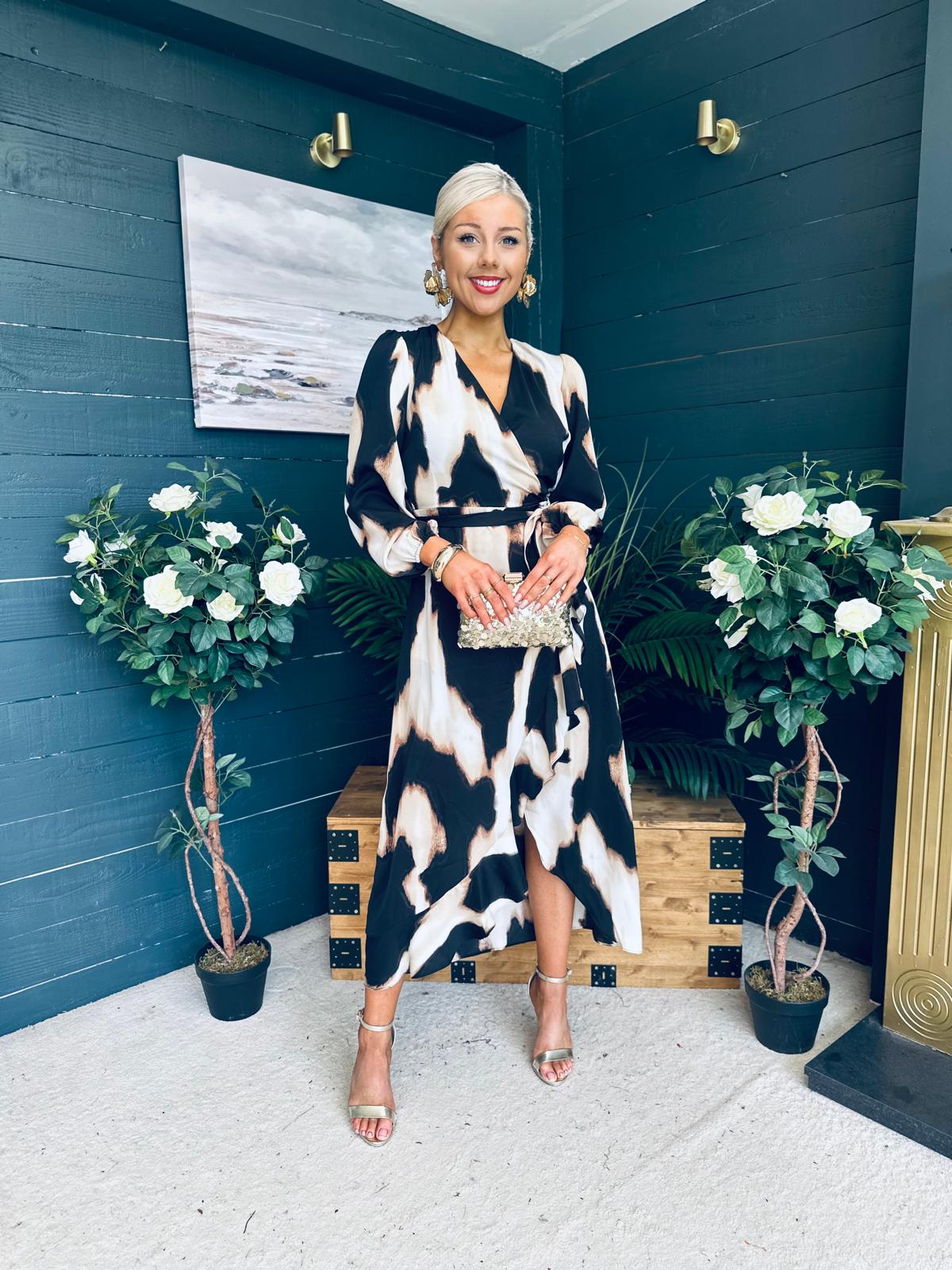 Erin Long Sleeve Split Hem Frill Detail Maxi Dress Animal Print
