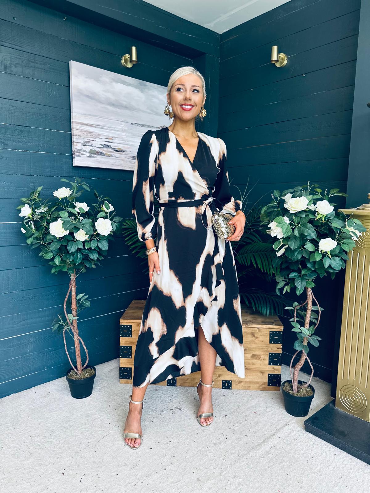 Erin Long Sleeve Split Hem Frill Detail Maxi Dress Animal Print