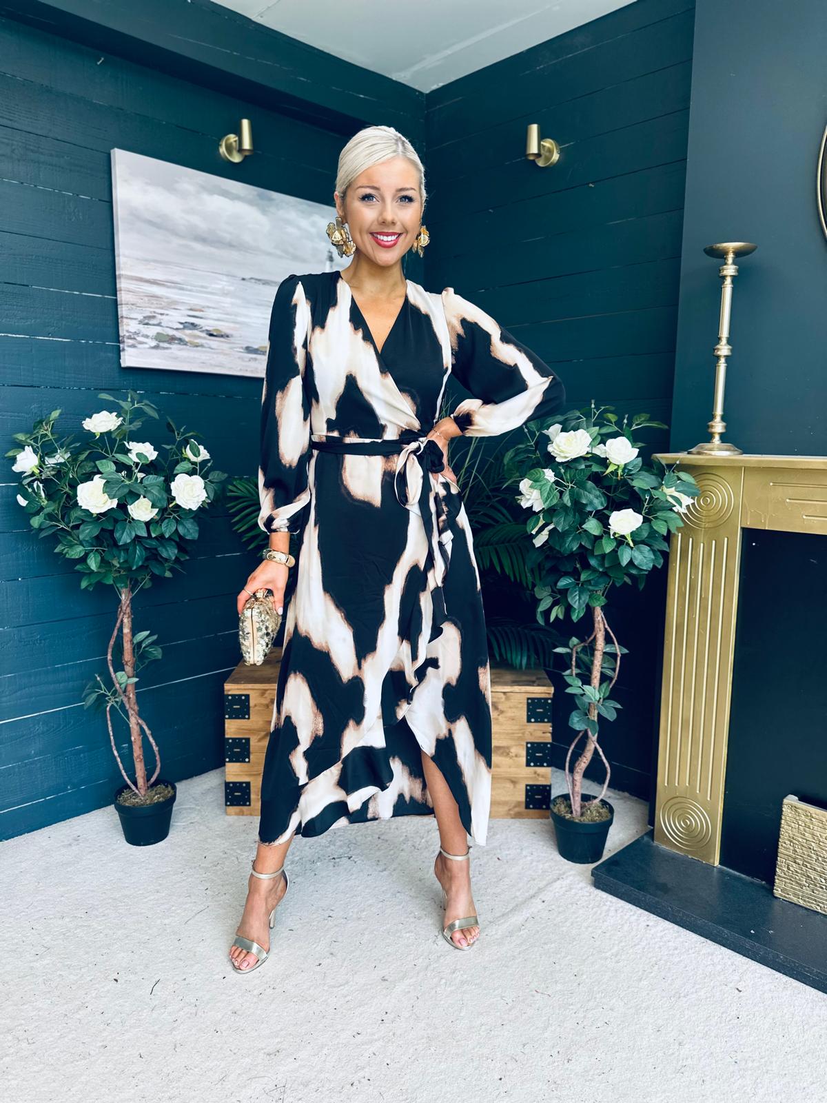 Erin Long Sleeve Split Hem Frill Detail Maxi Dress Animal Print