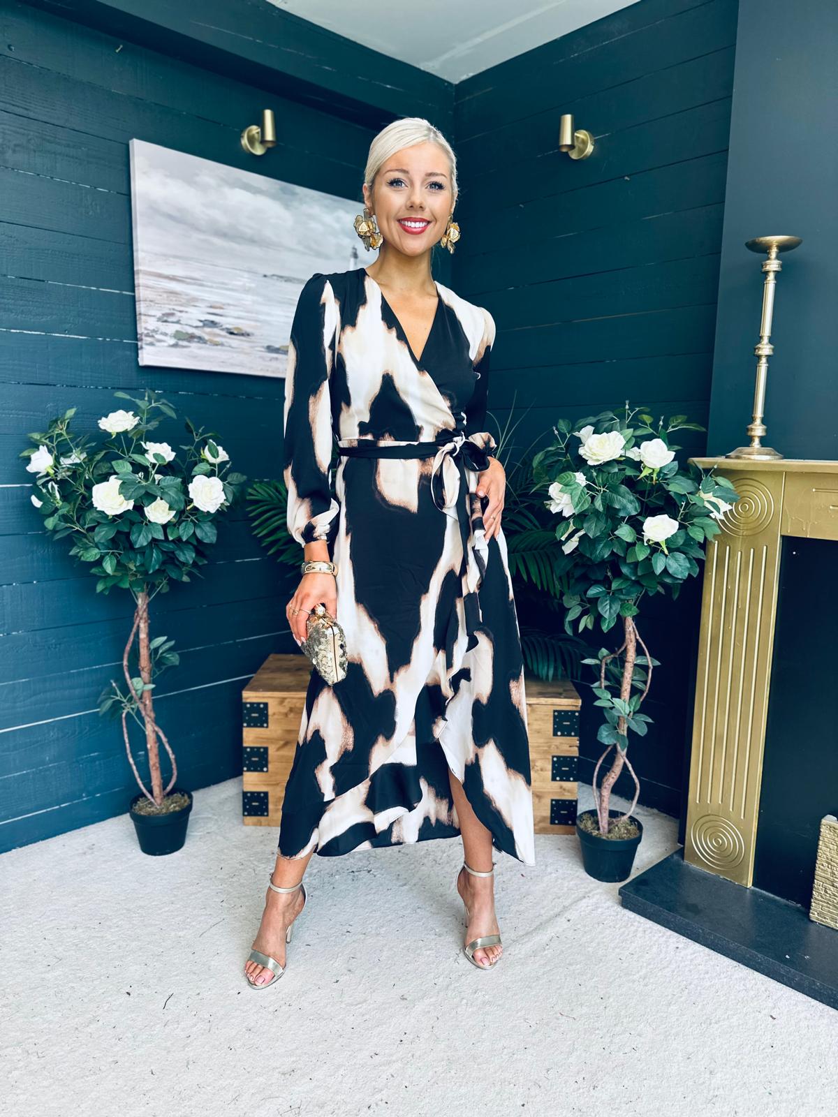 Erin Long Sleeve Split Hem Frill Detail Maxi Dress Animal Print
