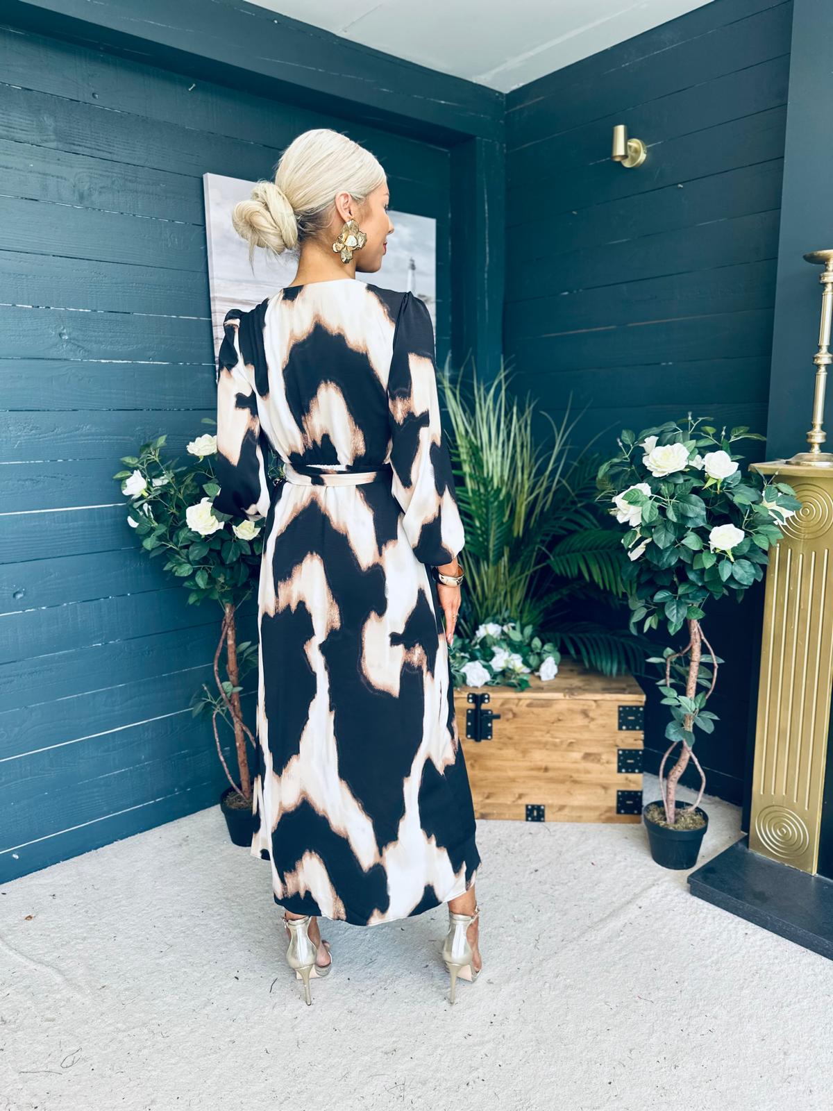 Erin Long Sleeve Split Hem Frill Detail Maxi Dress Animal Print