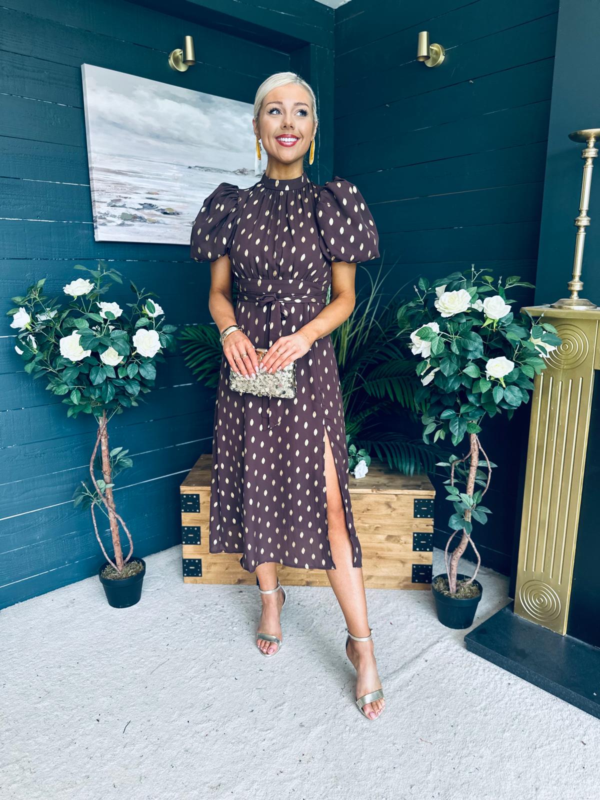 Lilith Puff Sleeve High Neck Midi Dress Brown & Gold