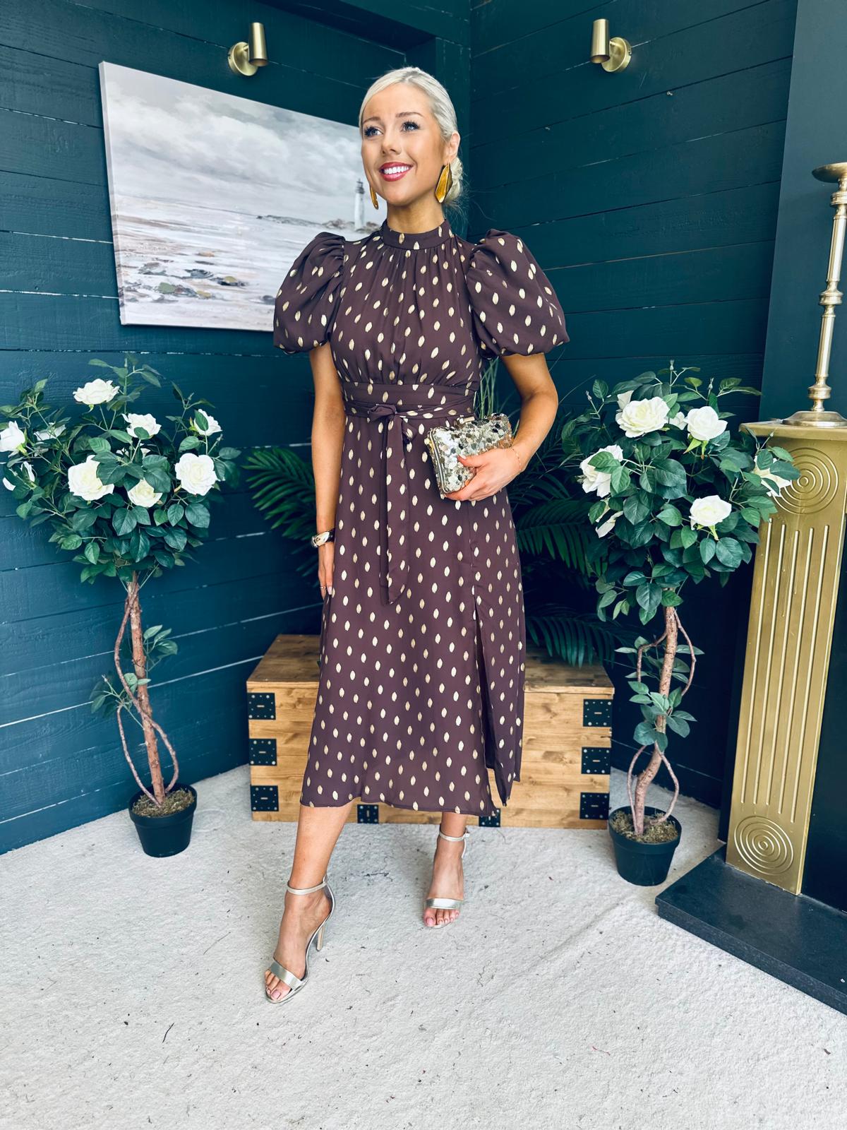 Lilith Puff Sleeve High Neck Midi Dress Brown & Gold