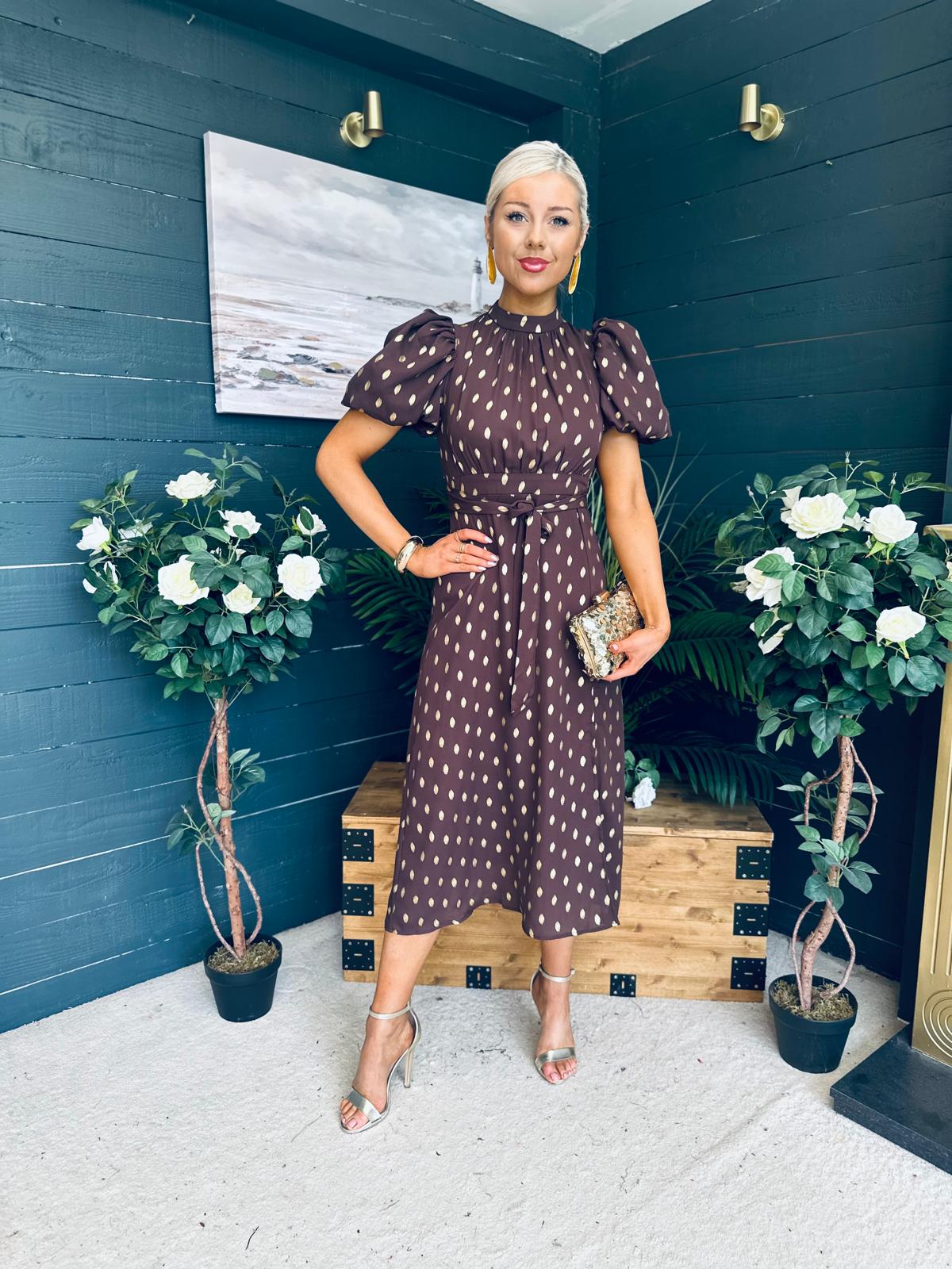 Lilith Puff Sleeve High Neck Midi Dress Brown & Gold