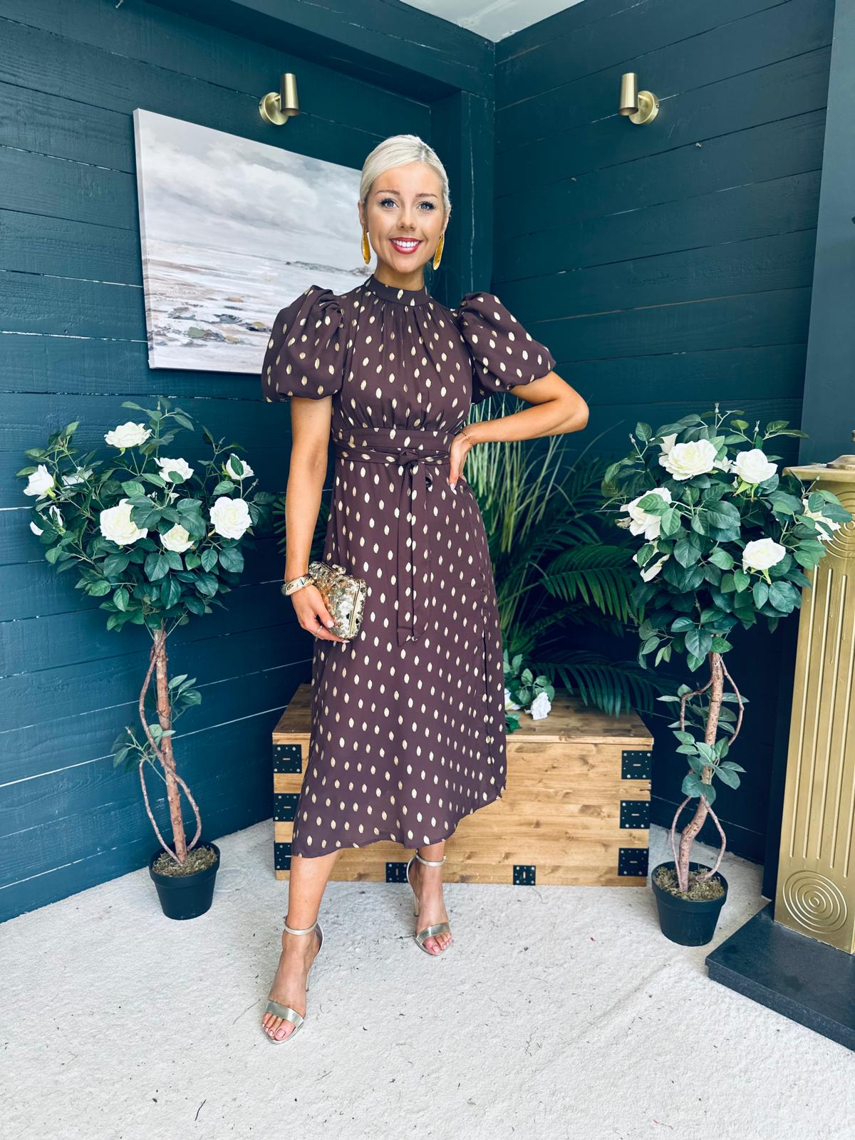 Lilith Puff Sleeve High Neck Midi Dress Brown & Gold