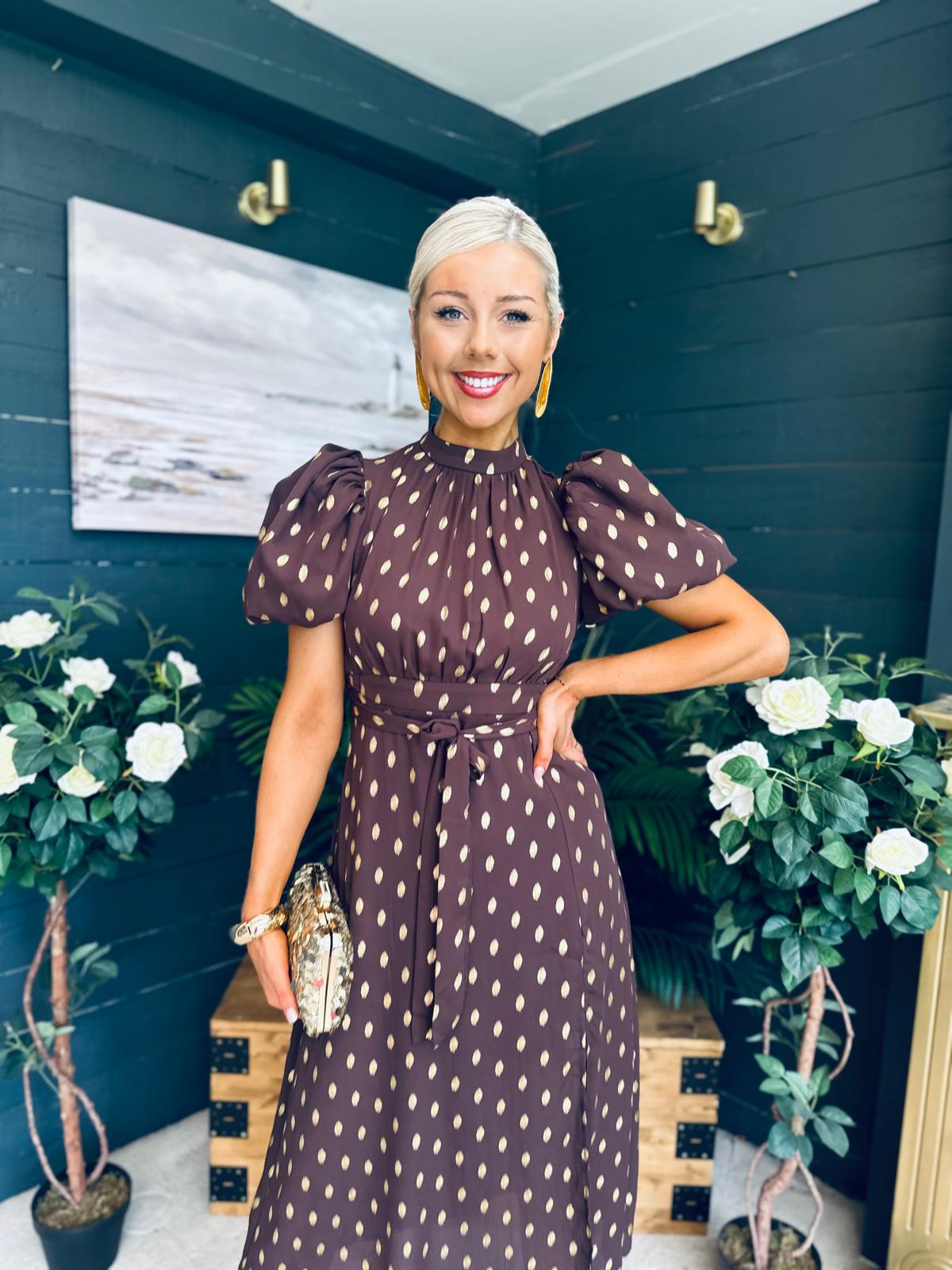 Lilith Puff Sleeve High Neck Midi Dress Brown & Gold