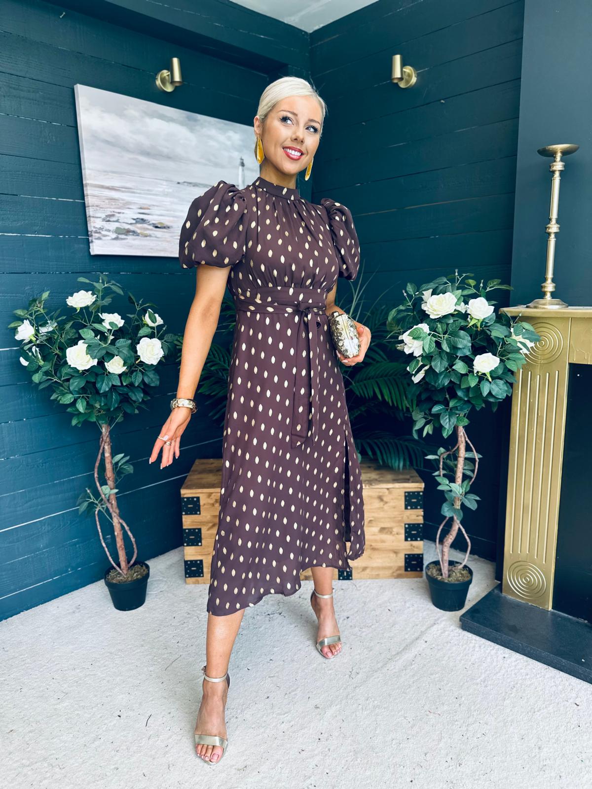 Lilith Puff Sleeve High Neck Midi Dress Brown & Gold