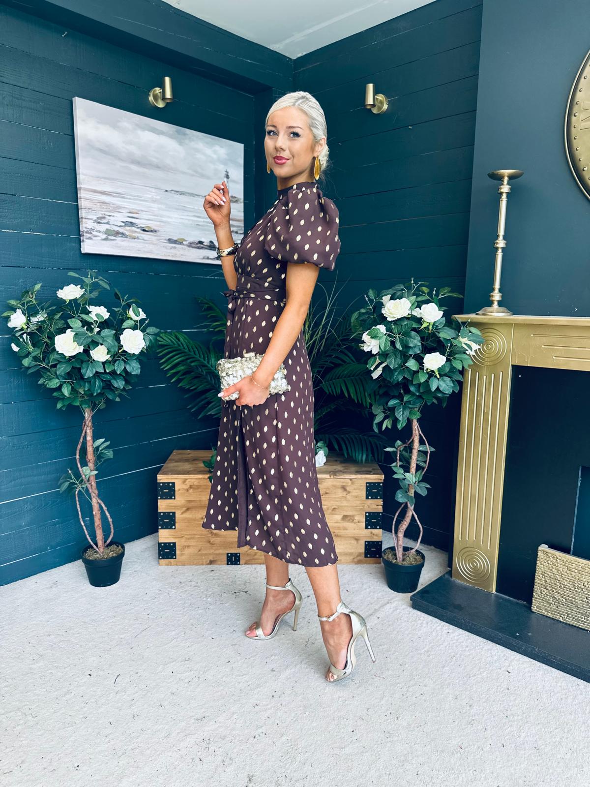 Lilith Puff Sleeve High Neck Midi Dress Brown & Gold