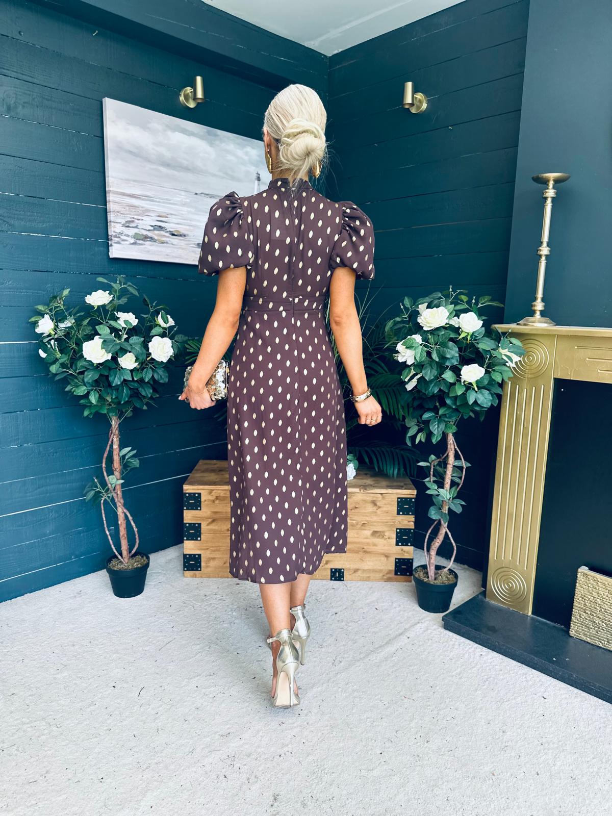 Lilith Puff Sleeve High Neck Midi Dress Brown & Gold