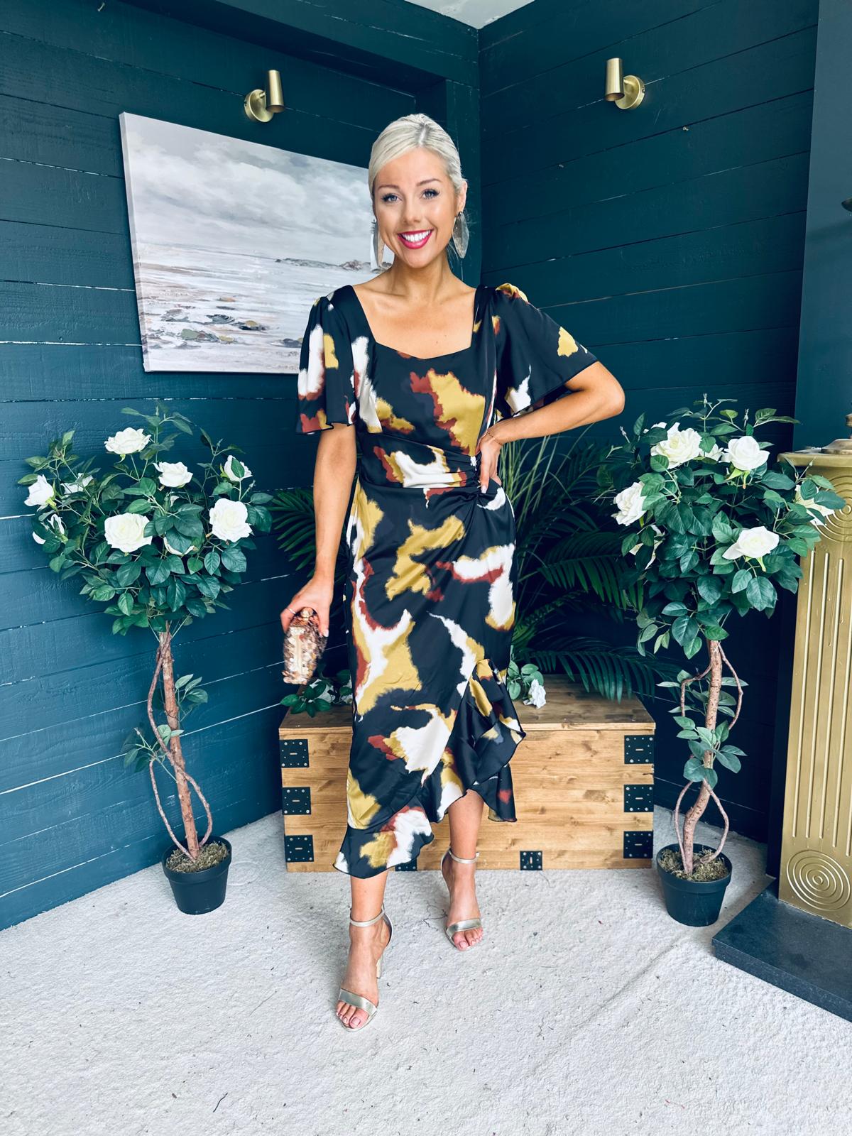 Heidi Print Ruched Midi Dress Abstract Black
