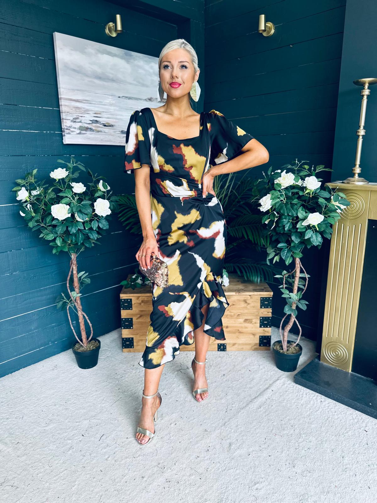 Heidi Print Ruched Midi Dress Abstract Black