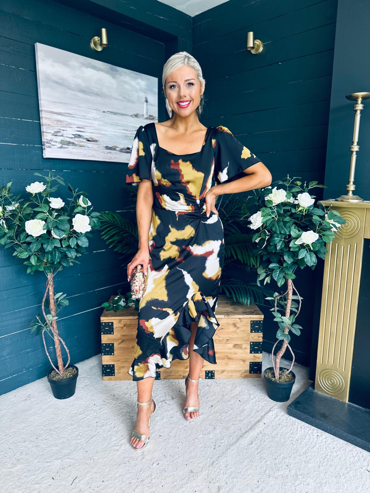 Heidi Print Ruched Midi Dress Abstract Black