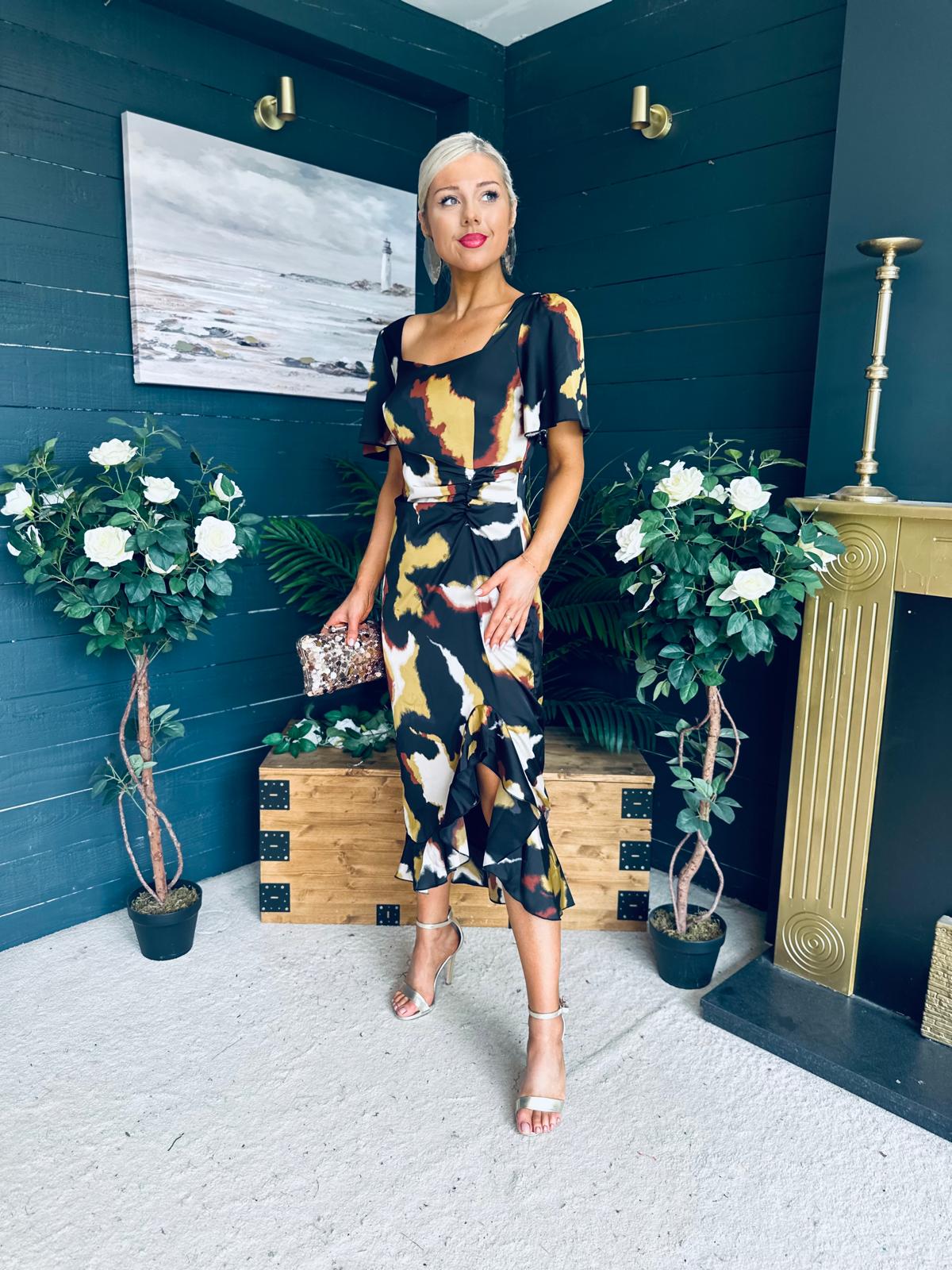 Heidi Print Ruched Midi Dress Abstract Black