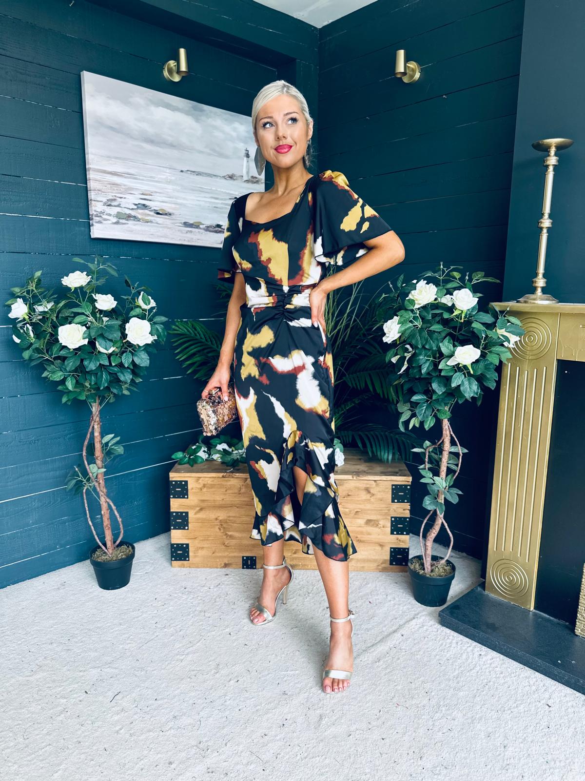 Heidi Print Ruched Midi Dress Abstract Black