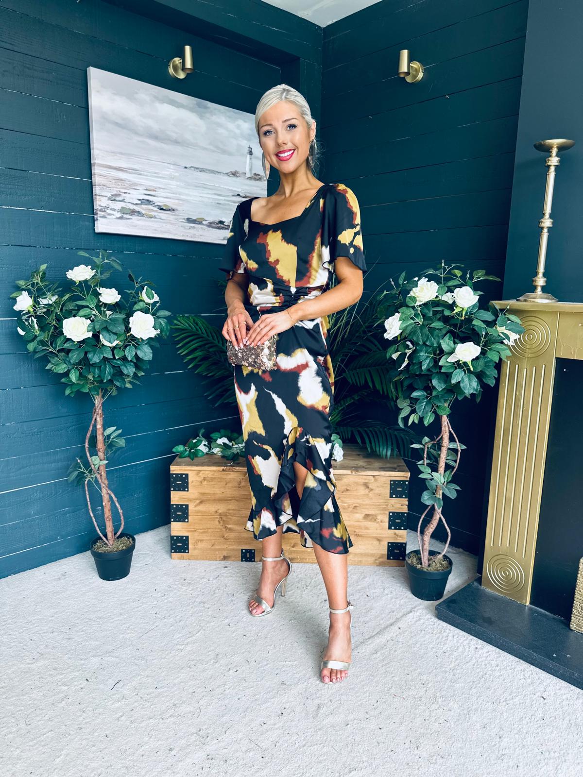 Heidi Print Ruched Midi Dress Abstract Black