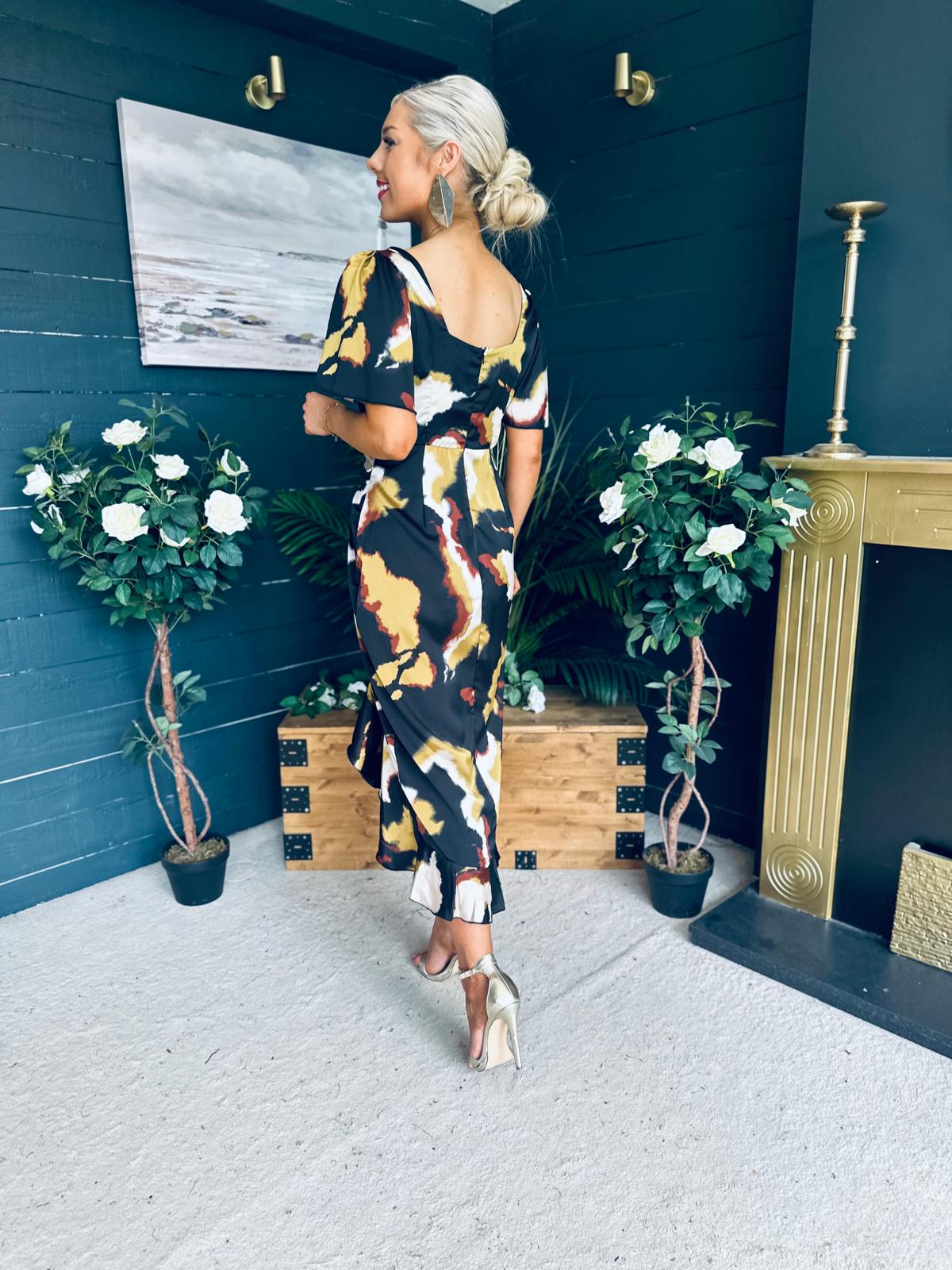 Heidi Print Ruched Midi Dress Abstract Black