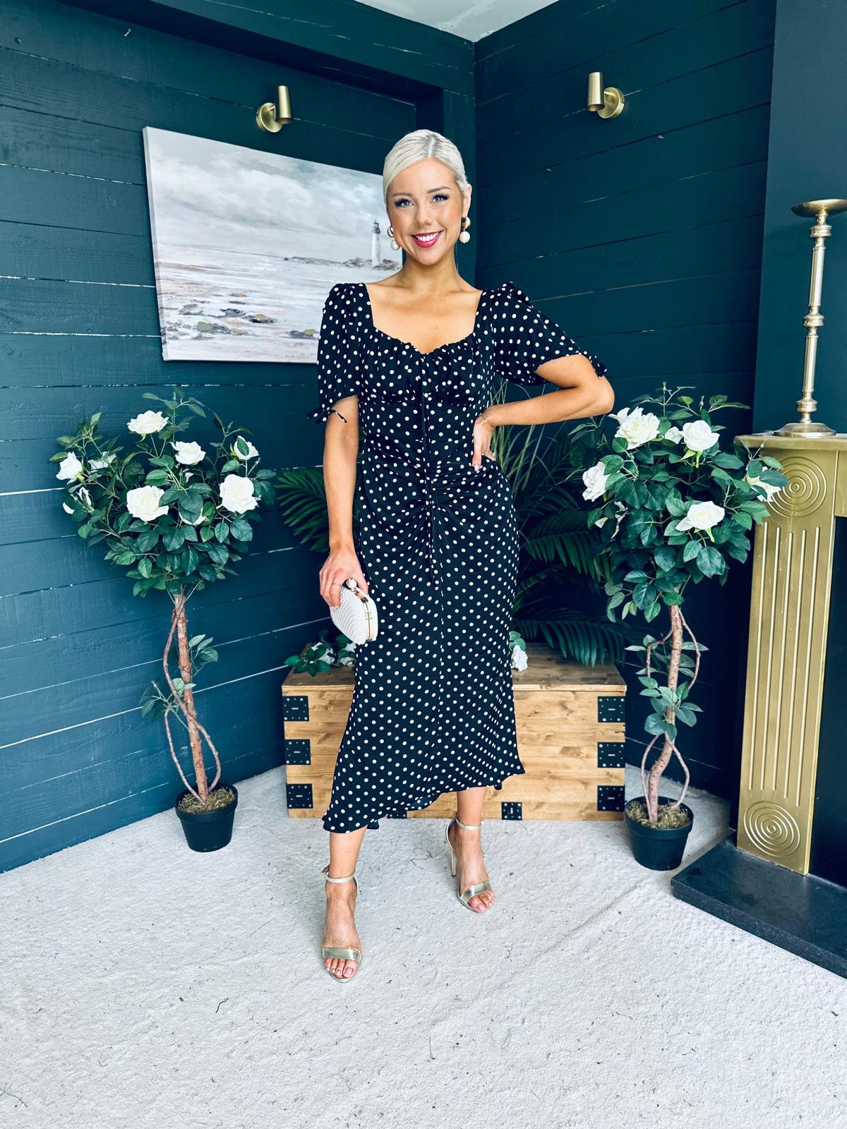 Dove Ruched Detail Midi Dress Polka Black