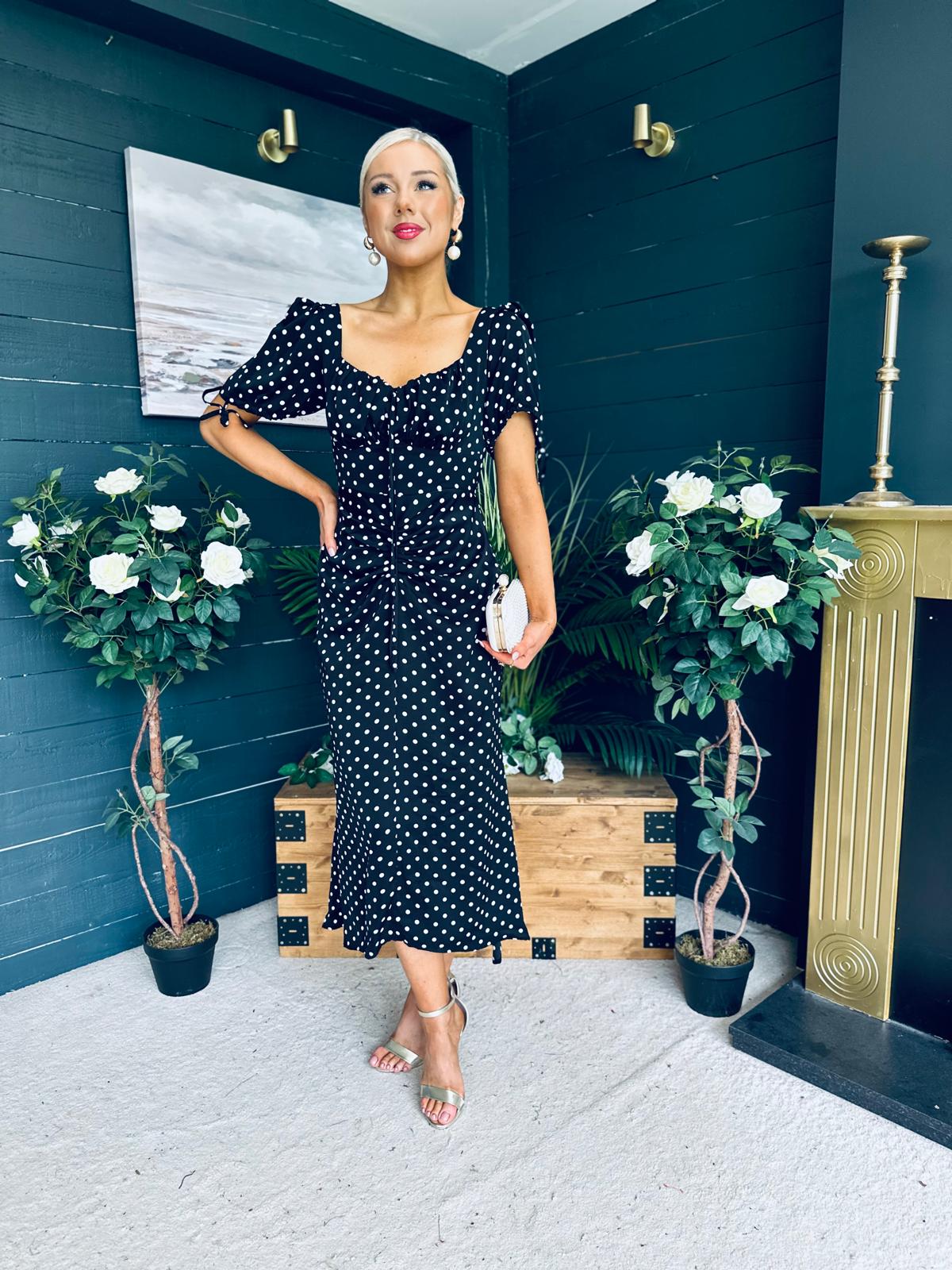 Dove Ruched Detail Midi Dress Polka Black