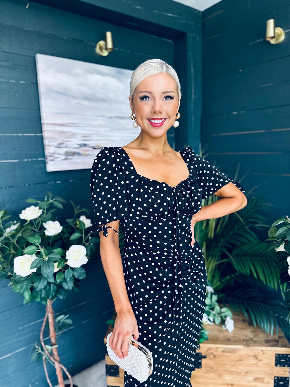 Dove Ruched Detail Midi Dress Polka Black