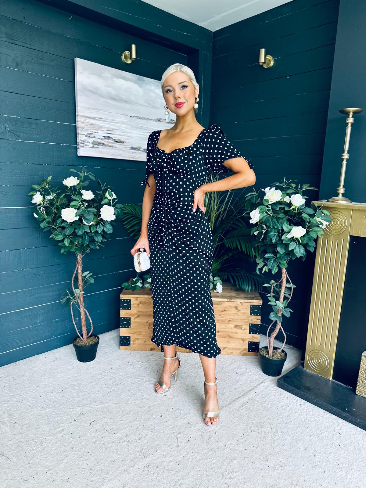 Dove Ruched Detail Midi Dress Polka Black