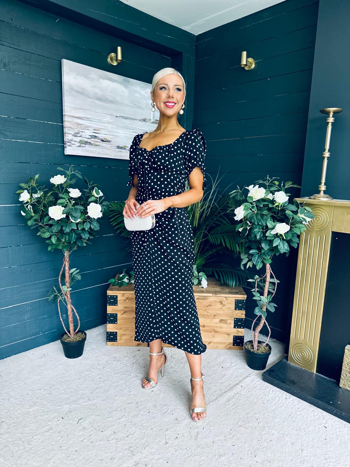 Dove Ruched Detail Midi Dress Polka Black