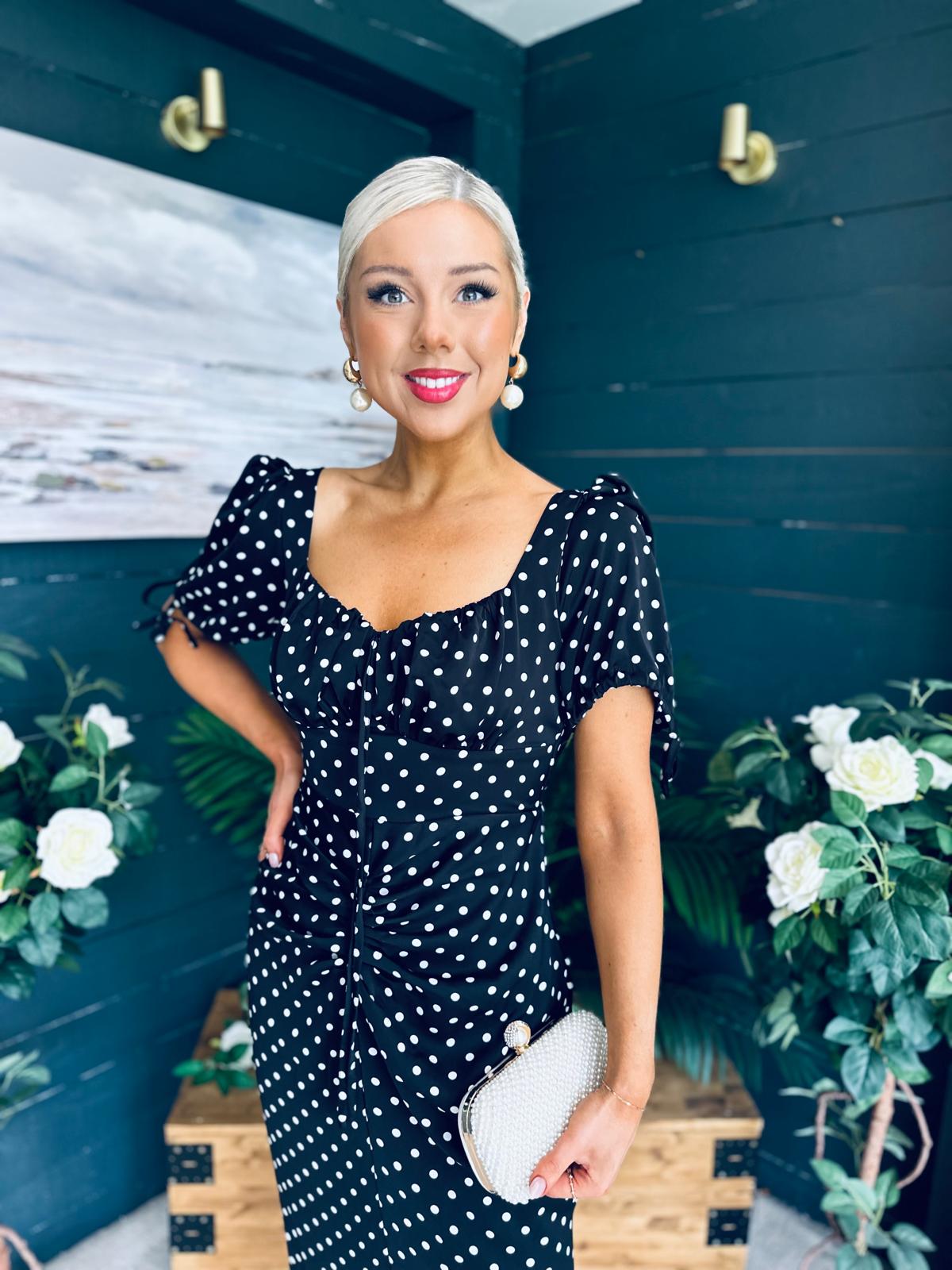 Dove Ruched Detail Midi Dress Polka Black