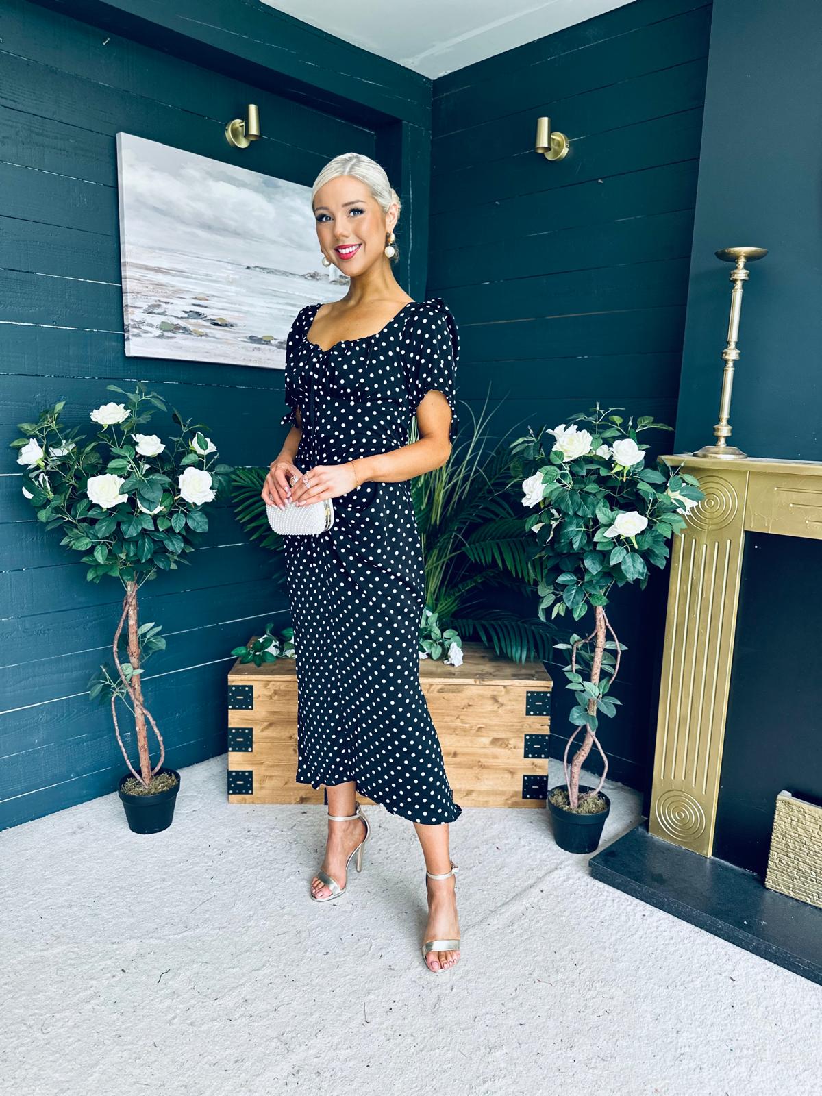 Dove Ruched Detail Midi Dress Polka Black