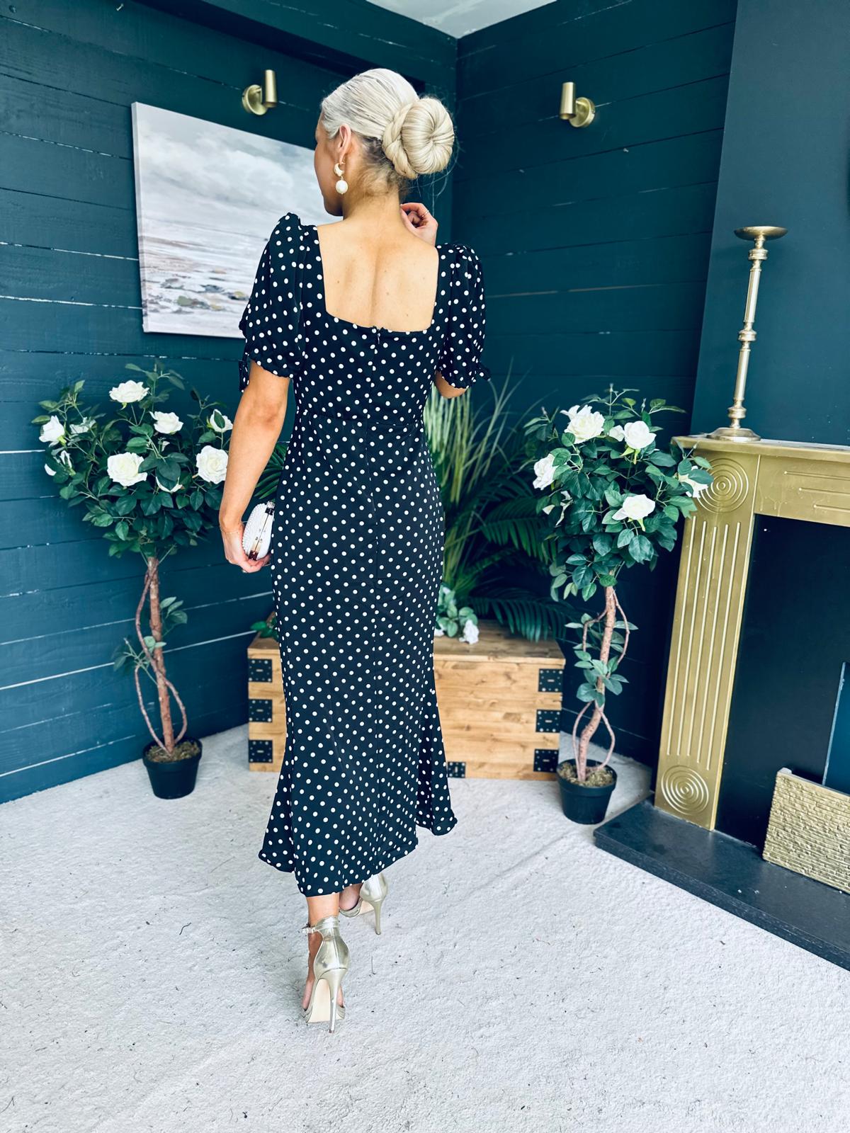 Dove Ruched Detail Midi Dress Polka Black