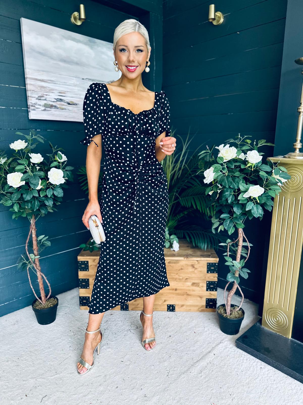 Dove Ruched Detail Midi Dress Polka Black