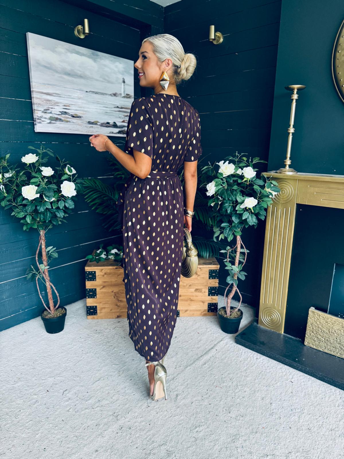Farren Frill Detail Maxi Dress Brown/Mulberry Foil