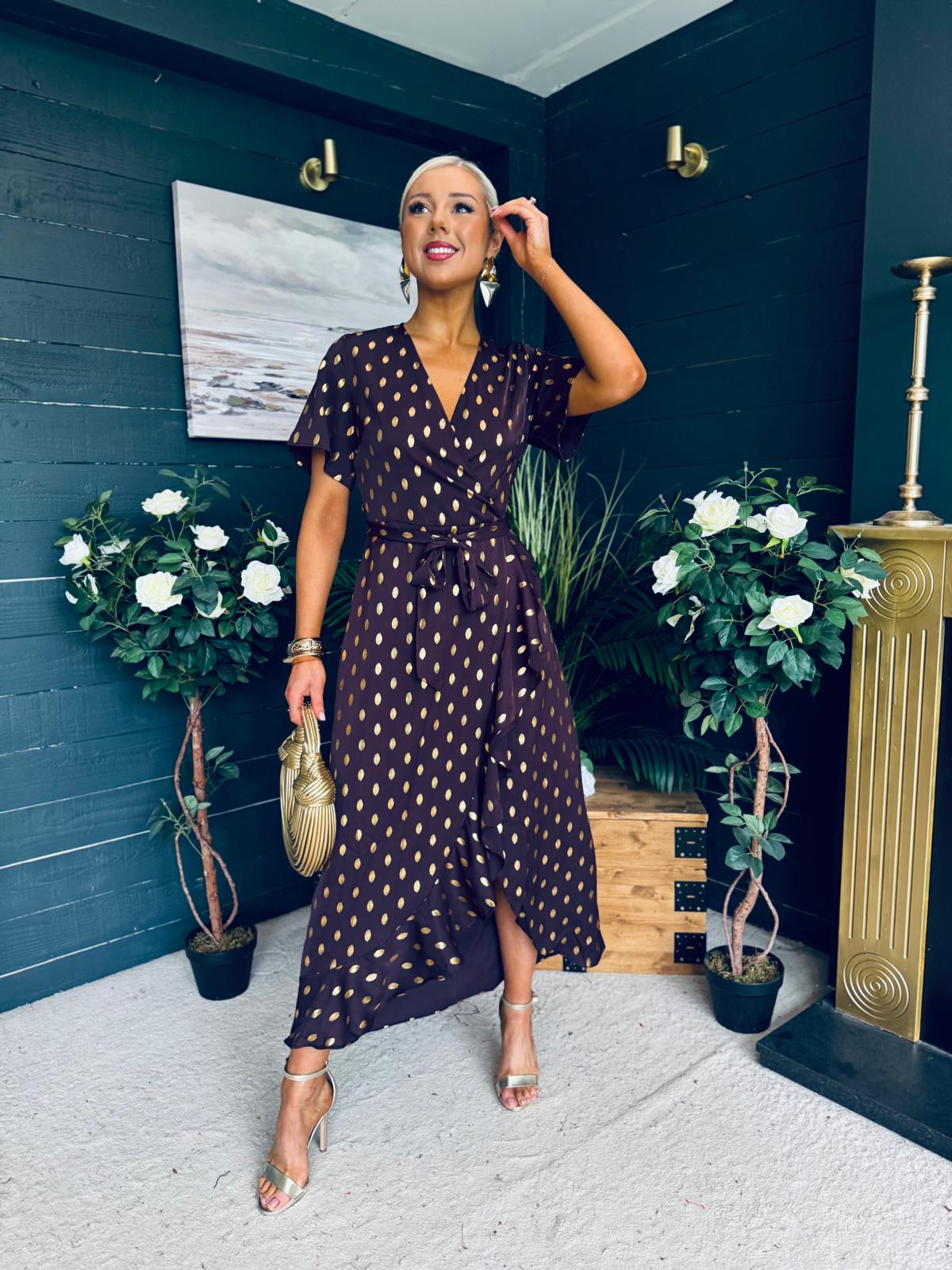 Farren Frill Detail Maxi Dress Brown/Mulberry Foil