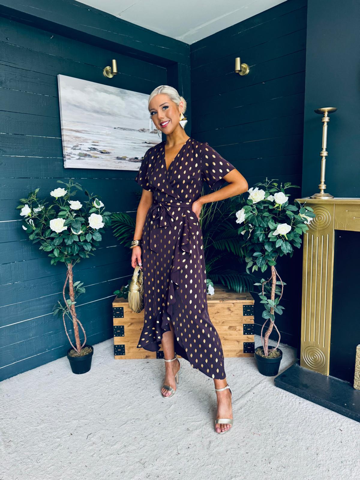 Farren Frill Detail Maxi Dress Brown/Mulberry Foil