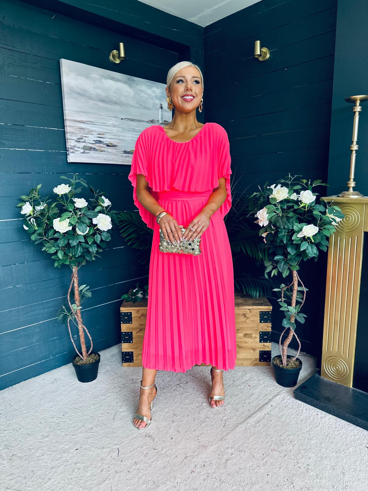Muireann Cape Detail Midi Dress Neon Pink