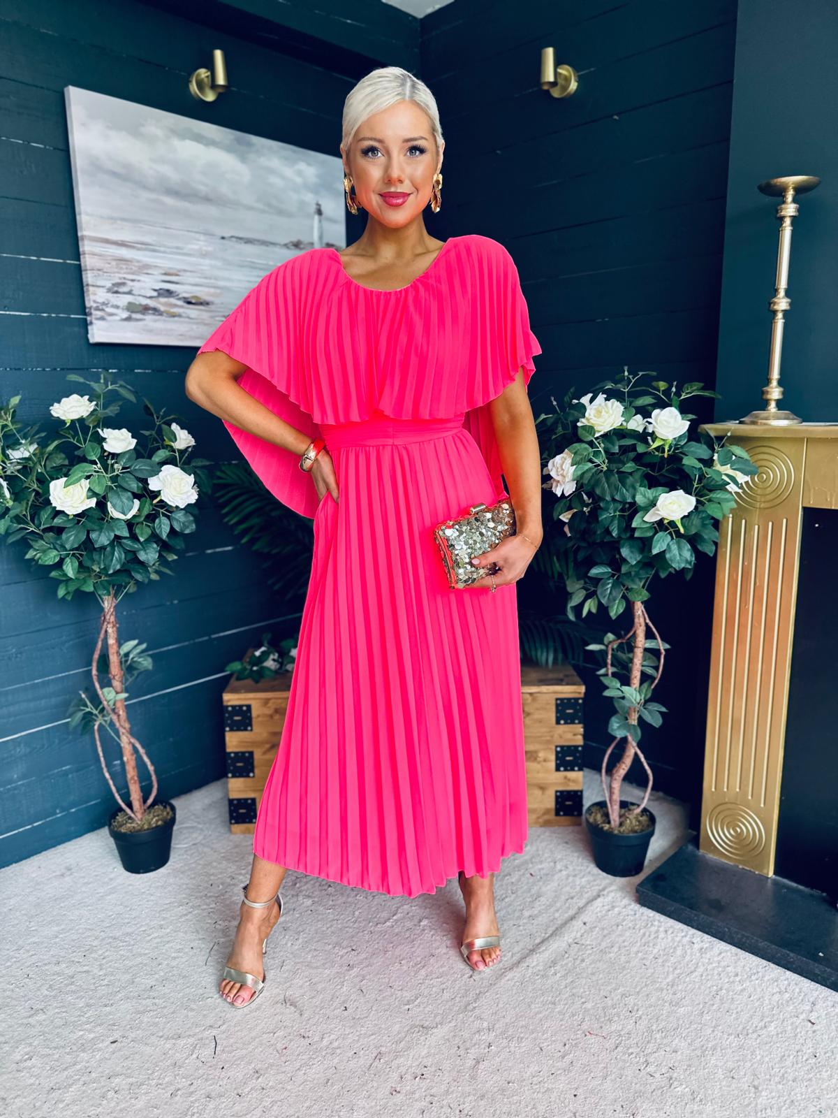 Muireann Cape Detail Midi Dress Neon Pink