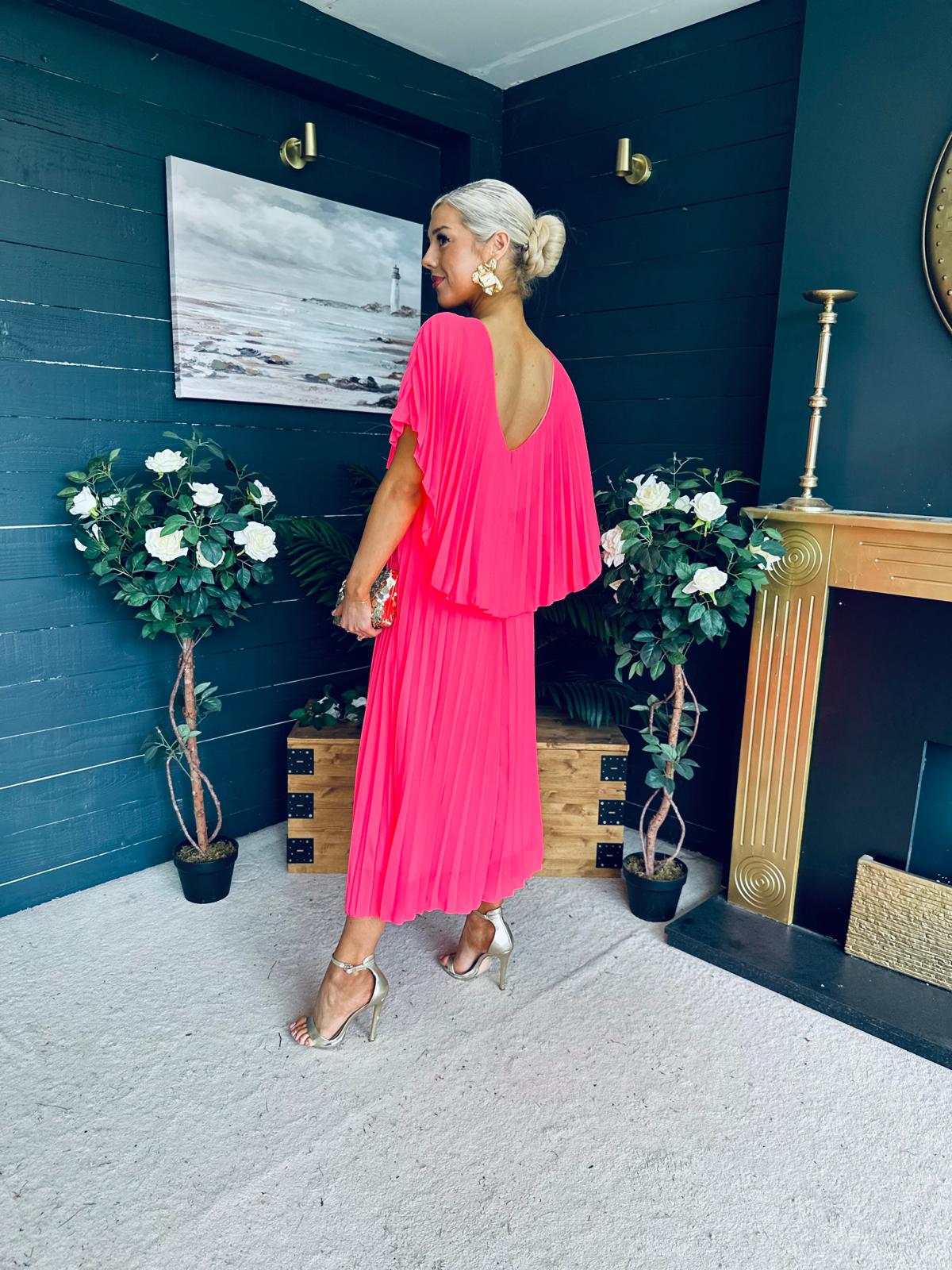 Muireann Cape Detail Midi Dress Neon Pink