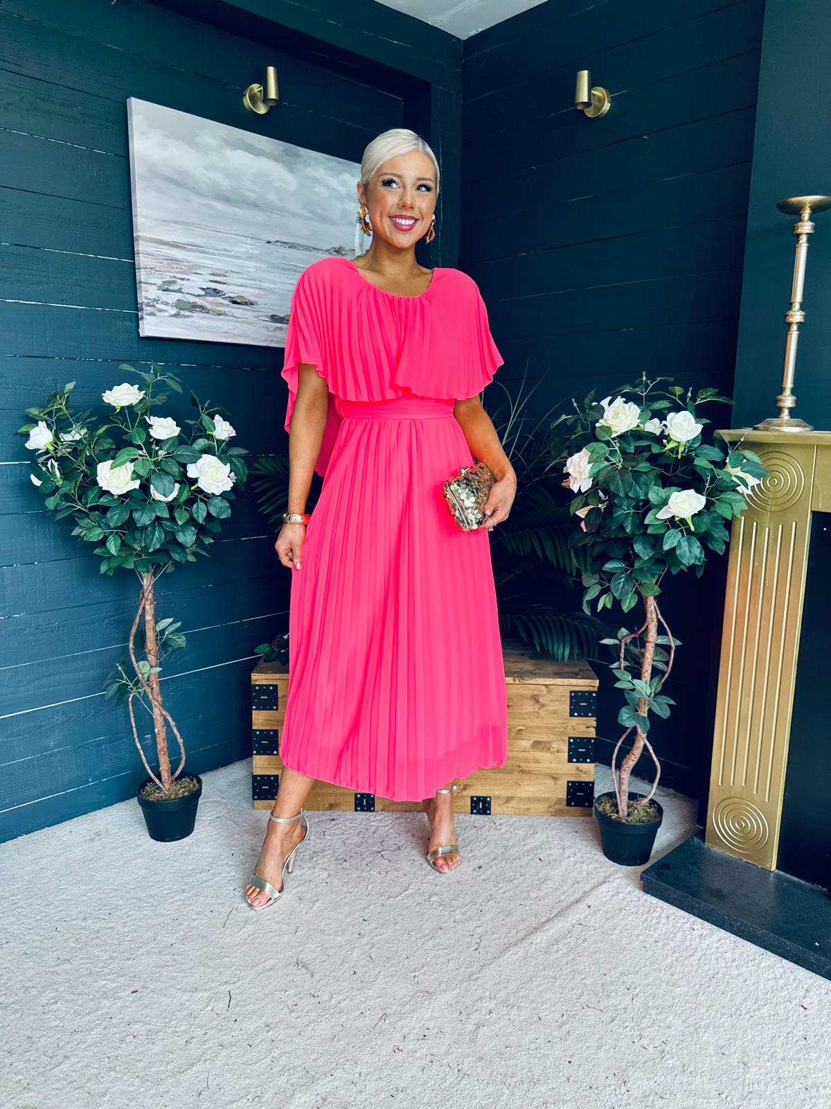 Muireann Cape Detail Midi Dress Neon Pink
